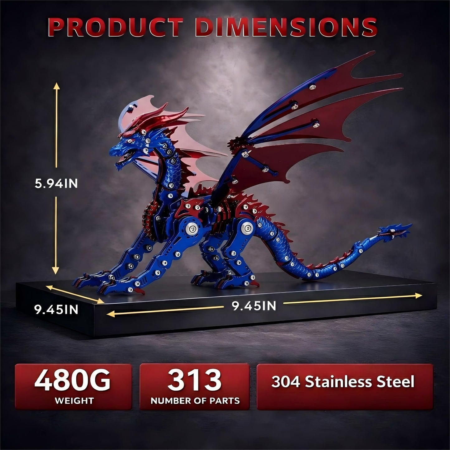 3D Metal Dragon Model Kit for Adults, Mechanical Pterosaur Puzzle, DIY Assembly Steel Model, Challenging Building Kit, Unique Gift for Men Desk Decor