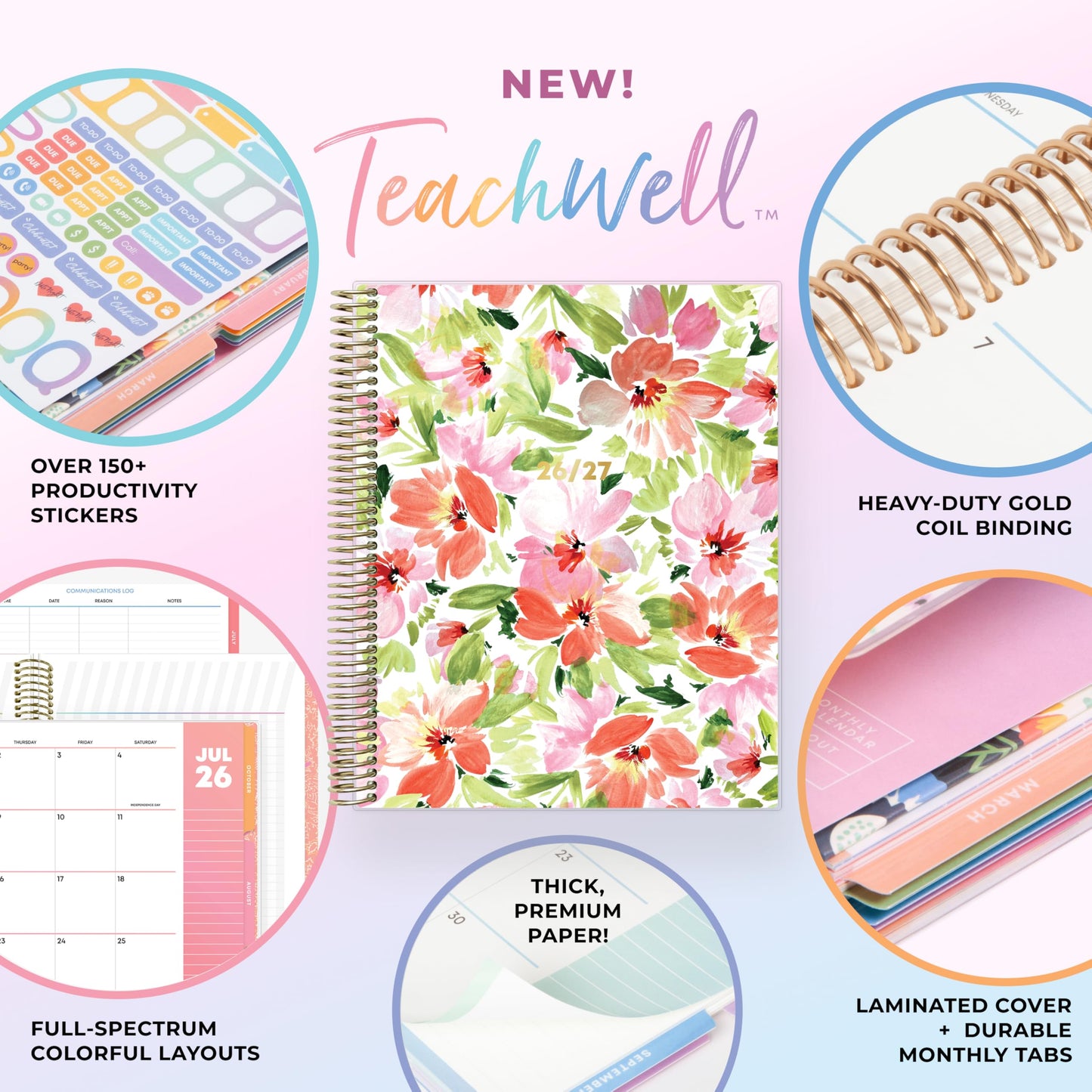 Blue Sky Teachwell 2026-2027 Weekly and Monthly Academic Year Teacher Lesson Planner Calendar, July 2026 - June 2027, 8.5" x 11", Flexible Cover, Heavy Duty Coil Binding, Colorful Interior, Laminated Tabs, Storage Pocket, Includes Stickers, Meilani