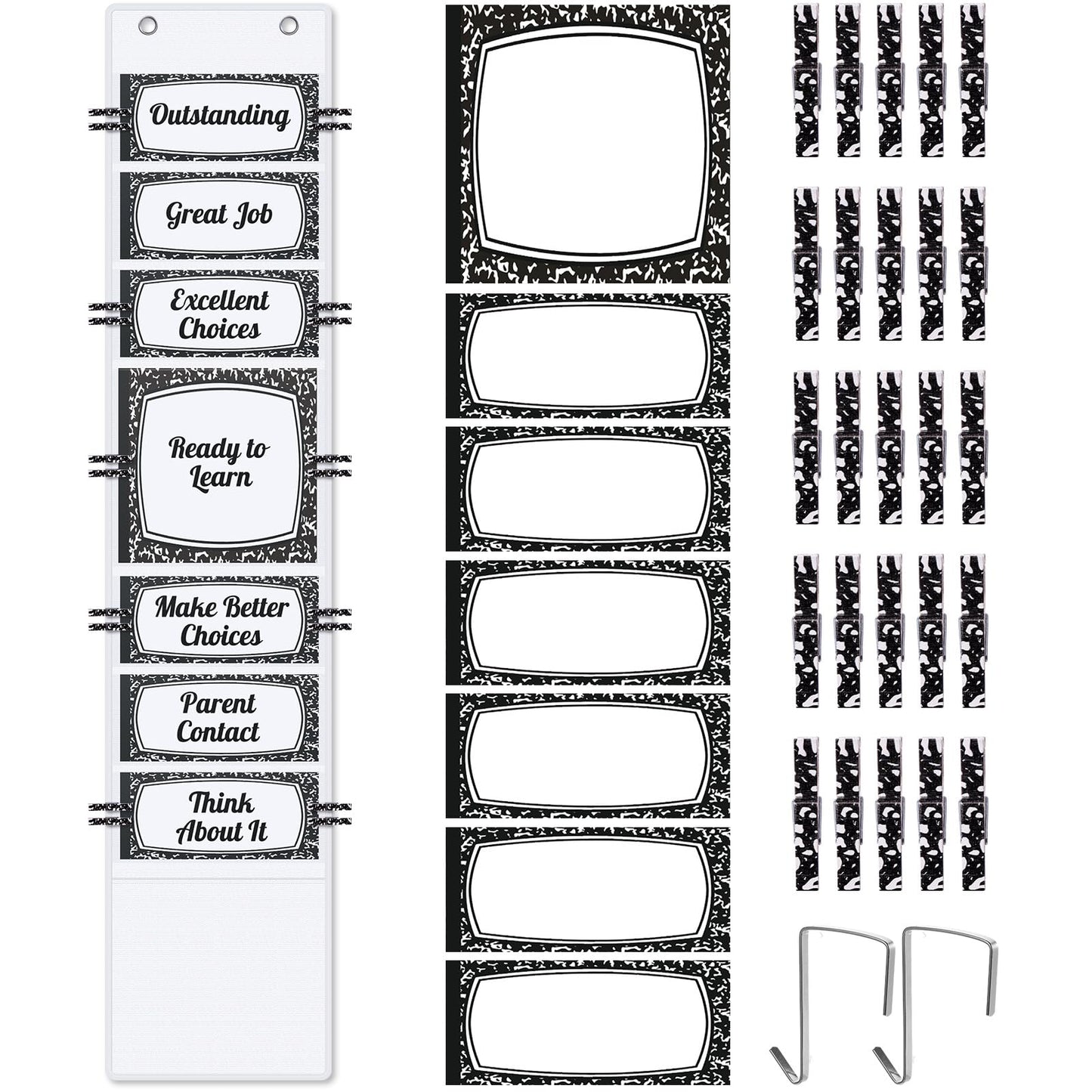 AmazingSpark 57 Pcs Classroom Behavior Chart for Student Management Kids Tracking Chart Hanging Creative Bulletin Board with 40 Clips for School Preschool Child Care(Black Composition Book)