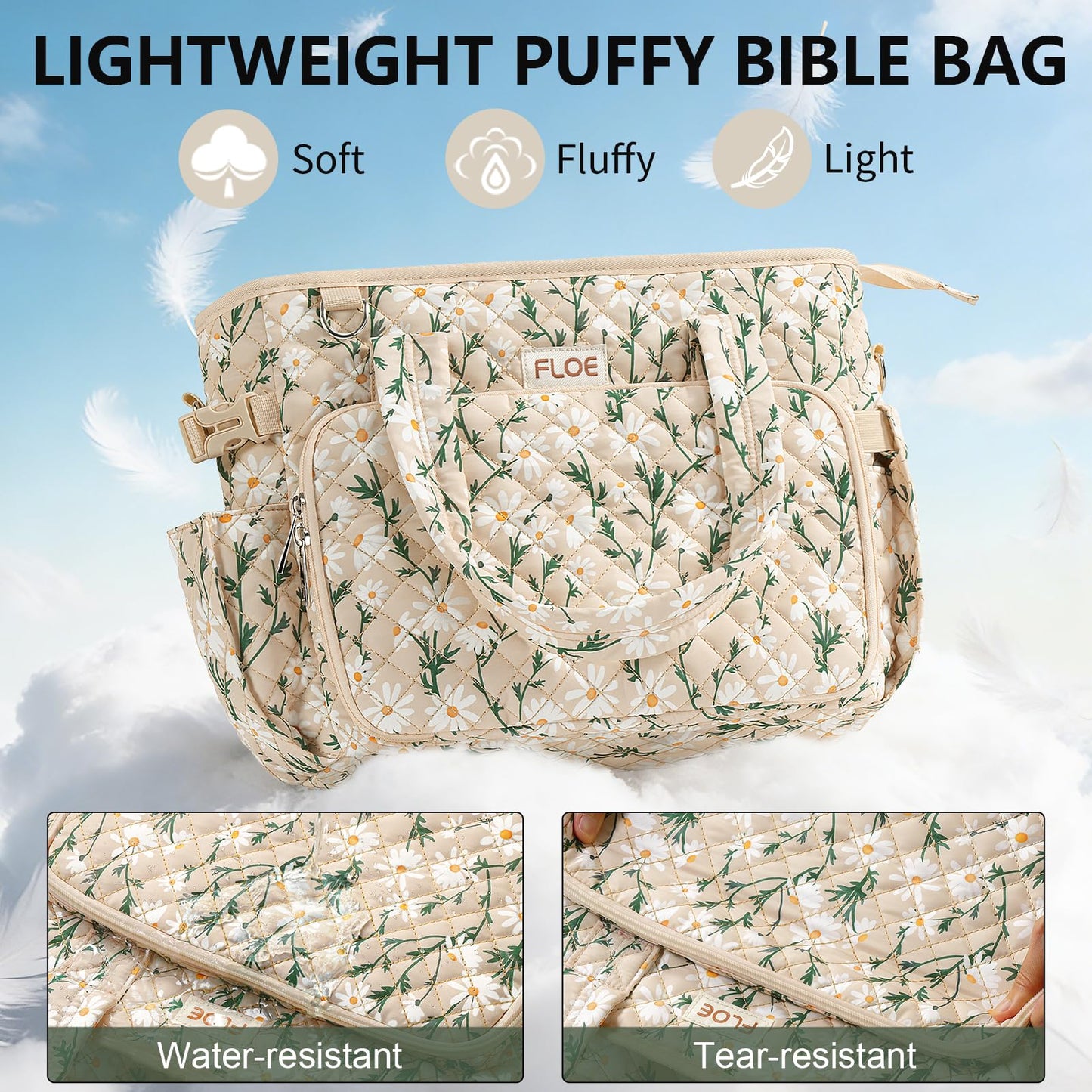 Large Bible Bag for Women Bible Cover Case, Quilted Puffer Bible Tote Bag Church Bag w/Shoulder Strap, Bible Study Supplies Journaling Kit Accessories Pen Tabs, Christmas Christian Gifts for Women Mom