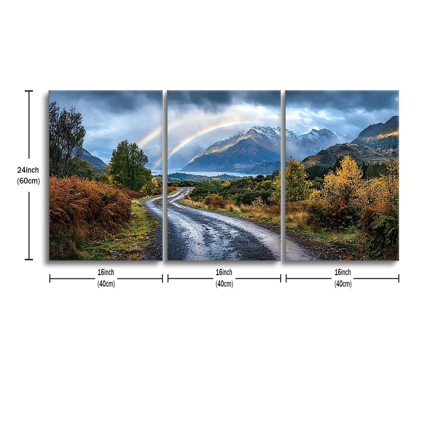 YSPCSUN 3 Panel Landscape Wall Art Mountain Peak Canvas Pictures Vibrant Double Rainbow Nature Painting Framed Scenery Artwork for Dining Room Bedroom Wall Decoration Gifts Idea, 48x24 Inch