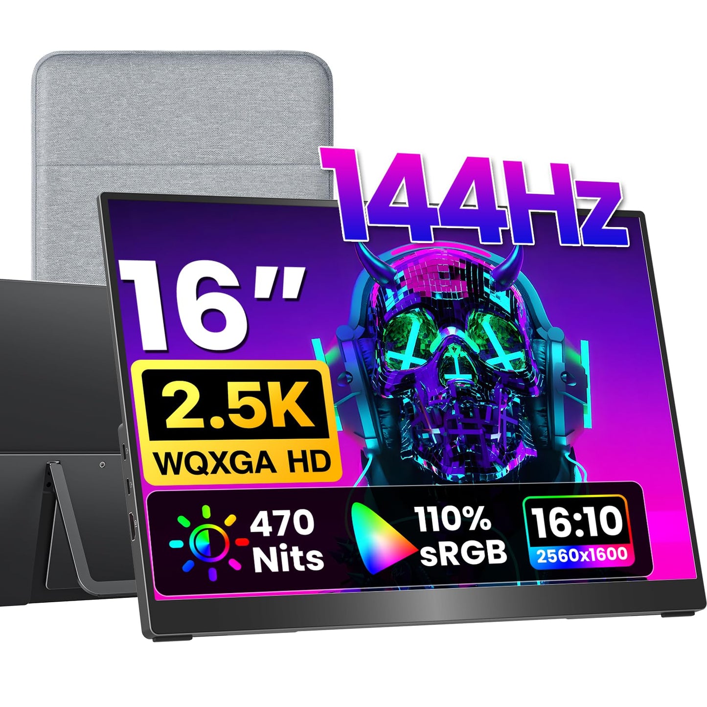 VisionOwl Portable Monitor 16 Inch 2.5K QHD 144Hz 16:10 Second Screen, USB-C HDMI HDR Travel Monitor for Laptop PC MacBook PS5 Xbox, VESA Mountable, with Speakers, Built-in Kickstand
