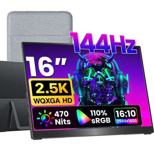VisionOwl Portable Monitor 16 Inch 2.5K QHD 144Hz 16:10 Second Screen, USB-C HDMI HDR Travel Monitor for Laptop PC MacBook PS5 Xbox, VESA Mountable, with Speakers, Built-in Kickstand