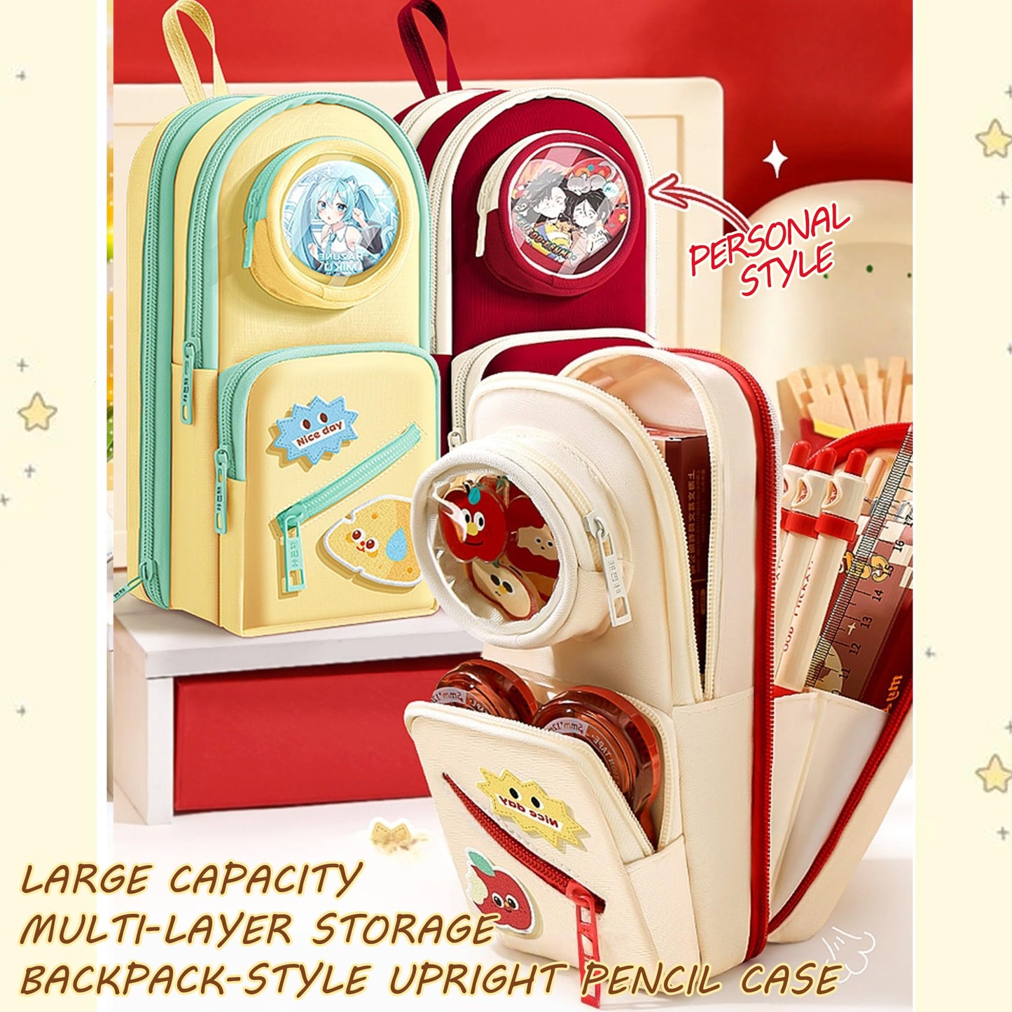UINSUE Mini Backpack Pencil Case Art Marker Storage Canvas Makeup Pocket Small Gadget Bag Organizer Random Free of Highlighters (RED -BURGER)