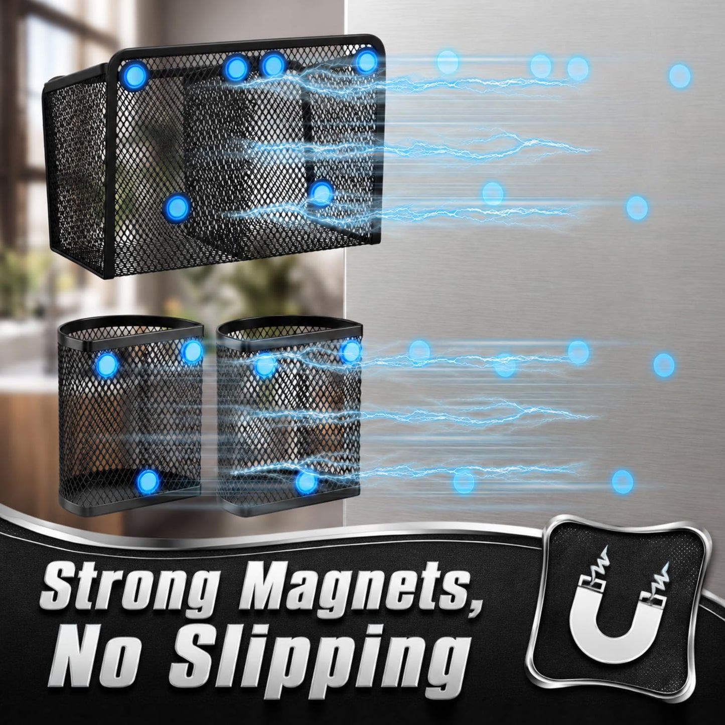 Marspark 3 Pcs Magnetic Pen Holder Set Metal Pencil Holder with Strong Magnets Wire Mesh Storage Basket Organizer for Locker Accessories Whiteboard Refrigerator School Office Dorm (Black)