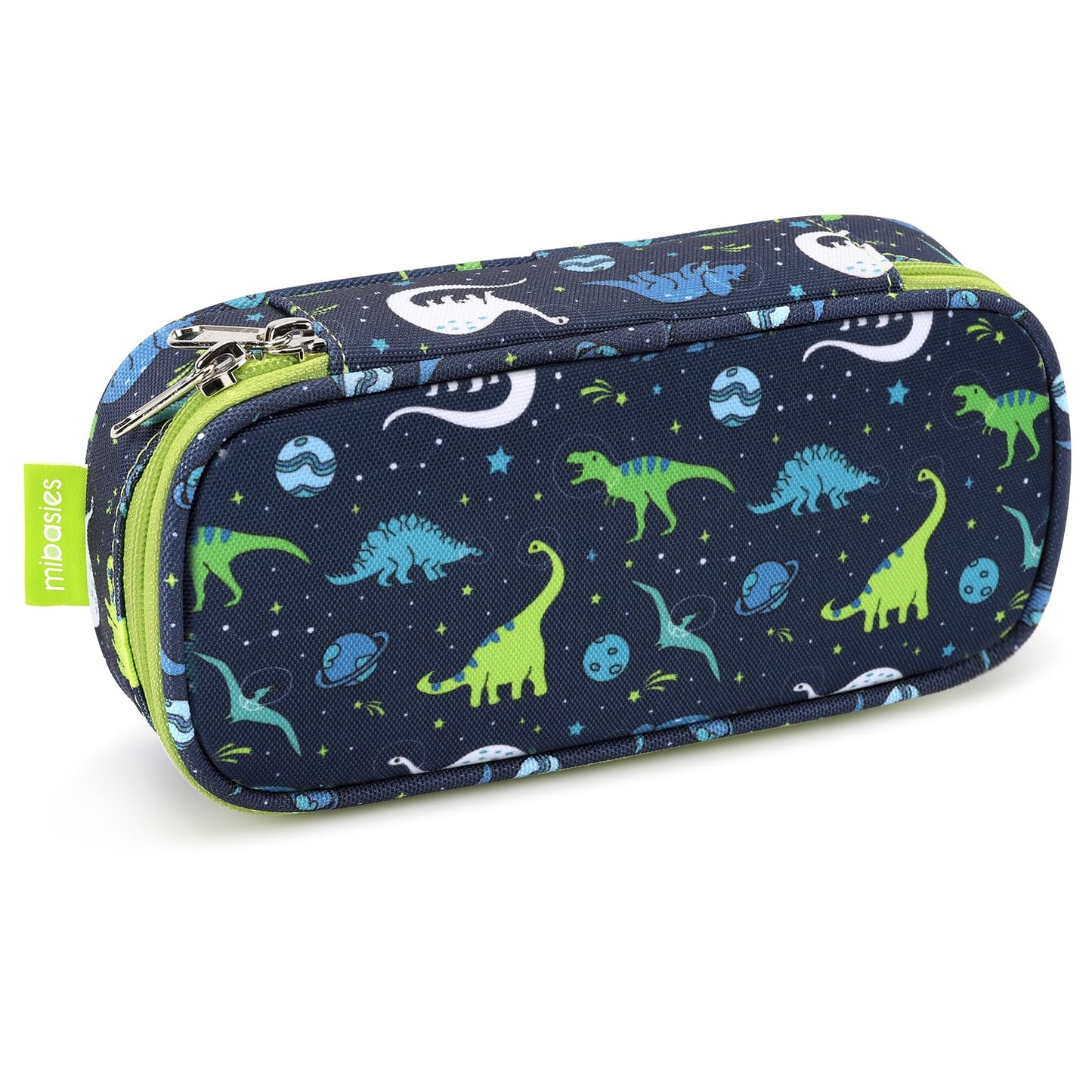 mibasies Boys Pencil Case for Kids, Multi-Slot Pencil Pouch, Galaxy Dinosaur Blue