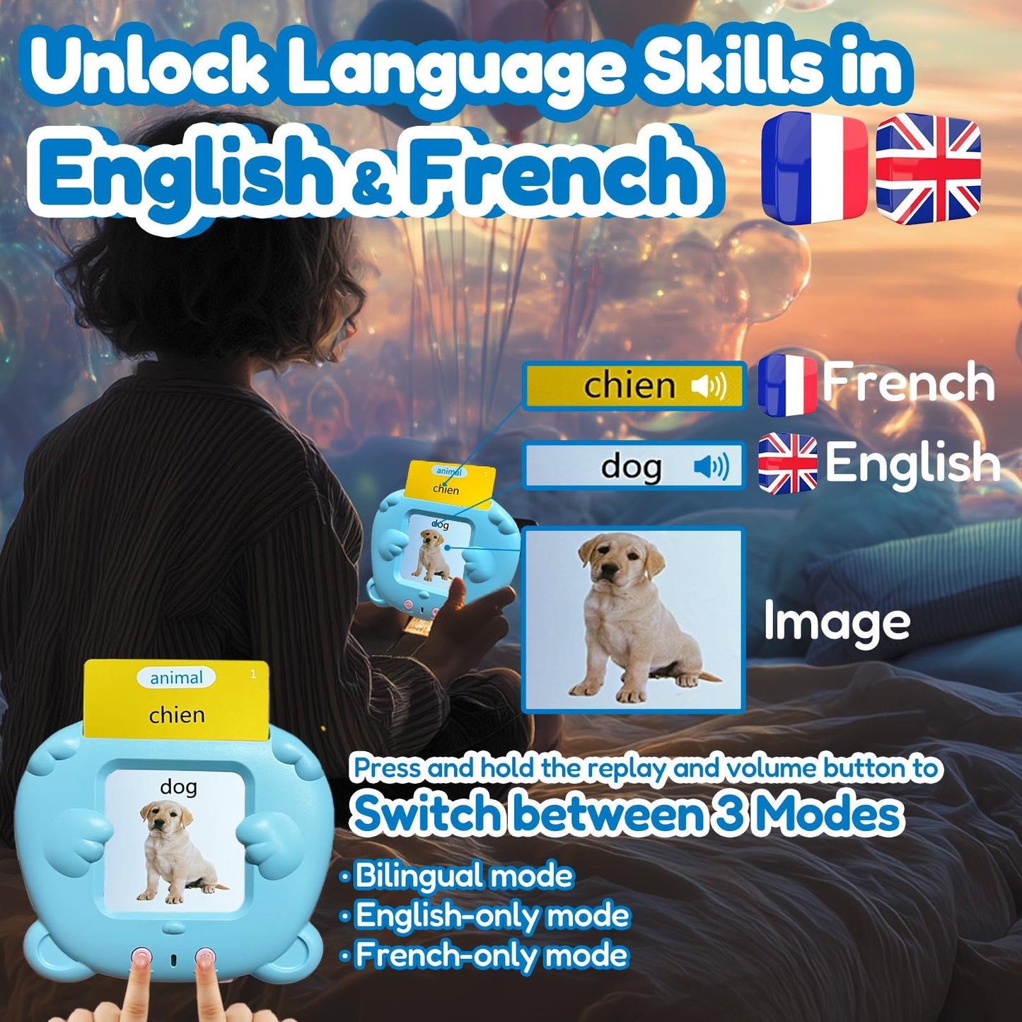 MoLingvora Bilingual Talking Flash Cards for Kids - Français French English Flashcards Children Adults, 510 Sight Words, ABC Alphabet, Pocket Speech for Toddlers, Audible Sensory Toys (French, Blue)