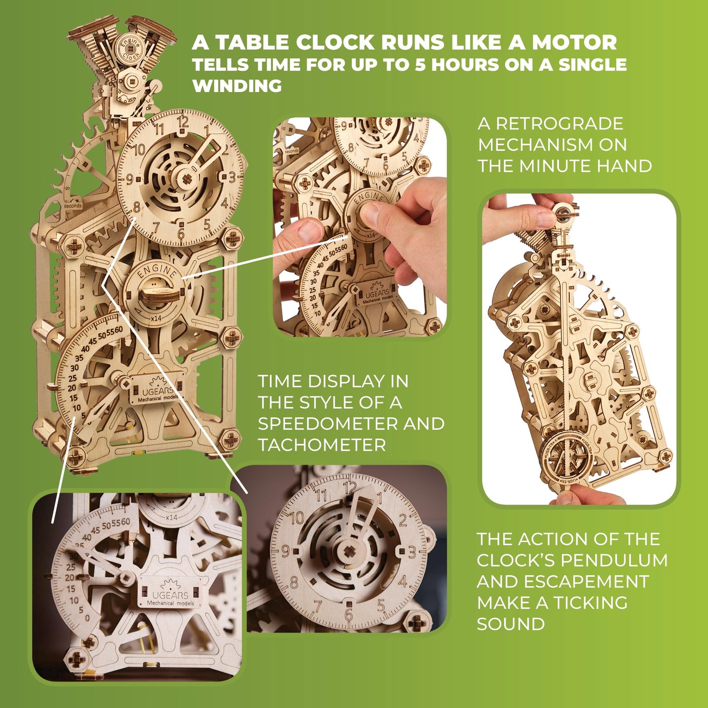 UGEARS Engine Clock 3D Wooden Puzzles for Adults – Wooden Model Kits for Adults, Mechanical Clock Kit with Moving Pistons, Steam Engine Kits, Clocks Kits for Do It Yourself, Brain Teaser 3D Puzzle