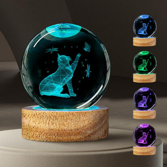 DCORIUNTG 3D Cat Crystal Ball Night Light Cat Lover Gifts for Women 60mm Figurines Glass Lamps with 16 Color and Remote Cute Room Table Decor Birthday Christmas