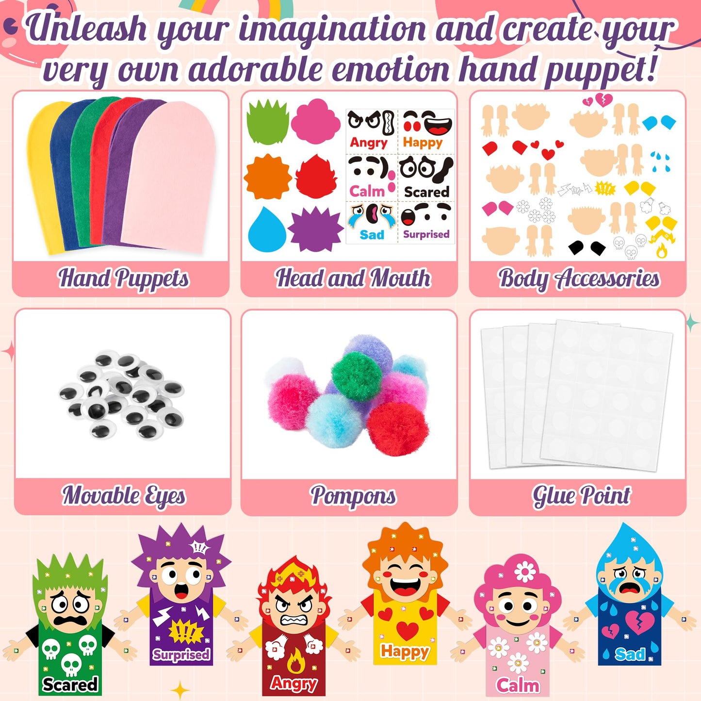 WATINC 6Pcs Hand Puppet Making Kit, Art Craft Felt Sock Puppet Toys, Creative DIY Make Your Own Pompoms Wiggle Googly Eyes Storytelling Role Play Party Supplies Calming Corner Items Kids (Emotion)