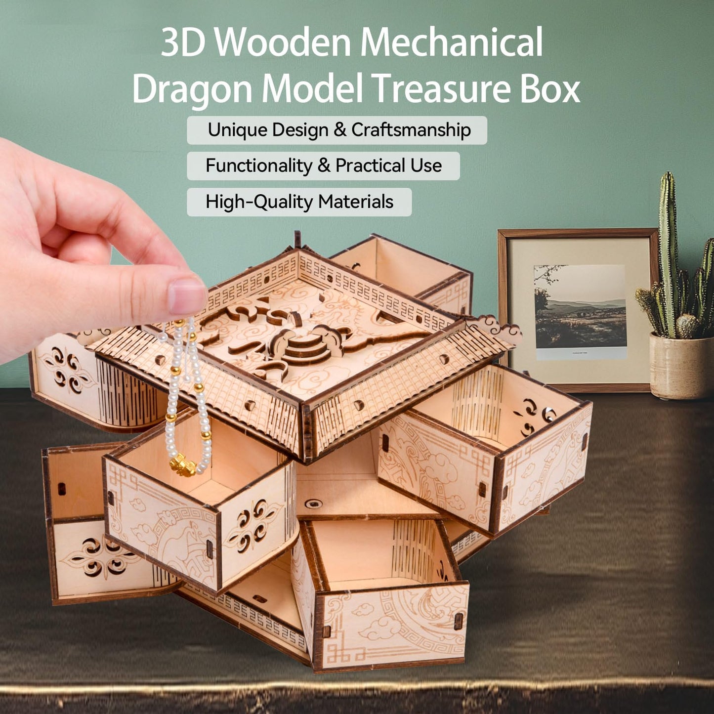 3D Wooden Puzzles for Adults - Mechanical Dragon Treasure Chest Model Kit, DIY Engineering Project, Unique Gift for Women, Collectible Art and Home Display