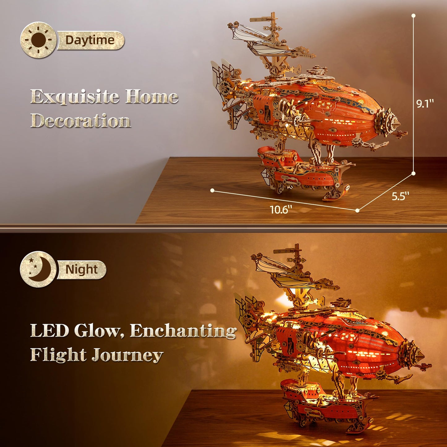 FUNPOLA LED 3D Wood Puzzle Fantasy Airship Model - Steampunk DIY Craft Kit with LED Lights – Intricate Wooden Airship Model Building Set for Teens and Adults(Orange)