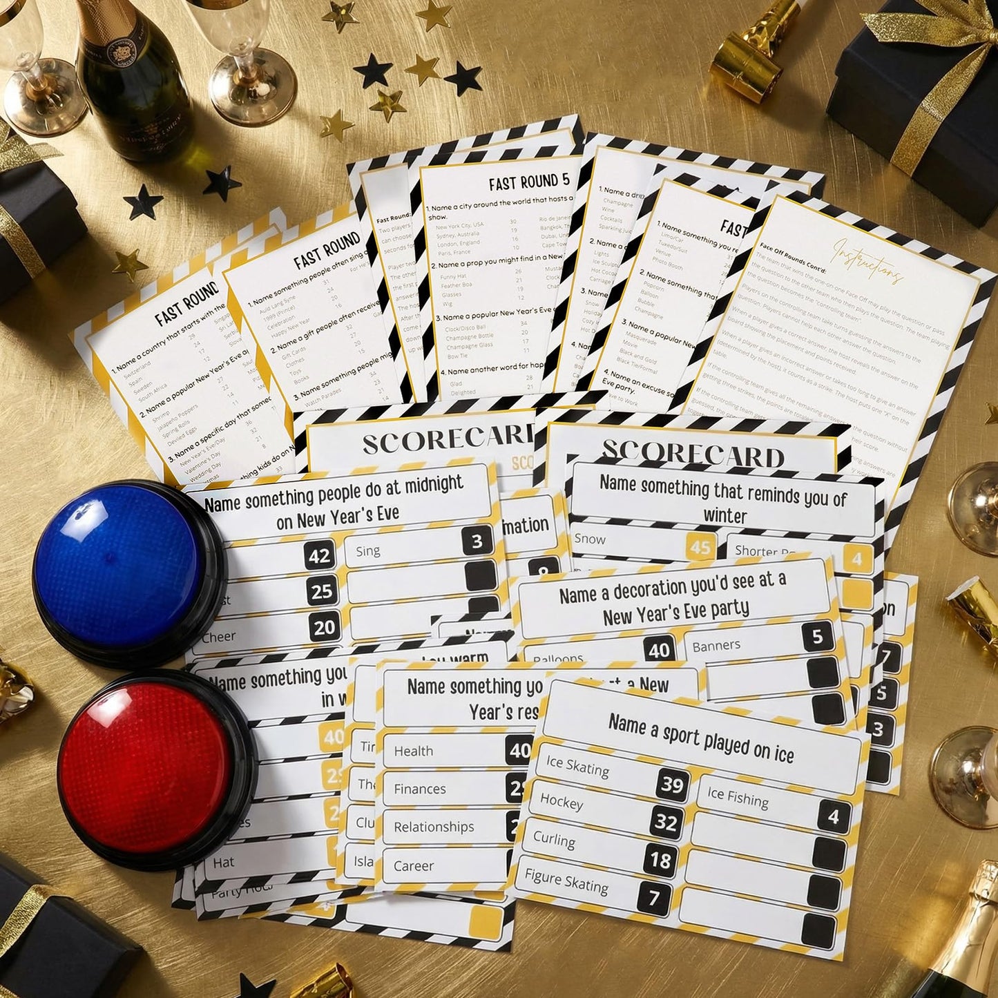 Humyoun New Year Family Fued Game Cards with 2 Answer Buzzers, New Years Eve Family Trivia Quiz Game Night Fun Holiday Fued Cards for Adults Party Office Classroom Team Building Countdown