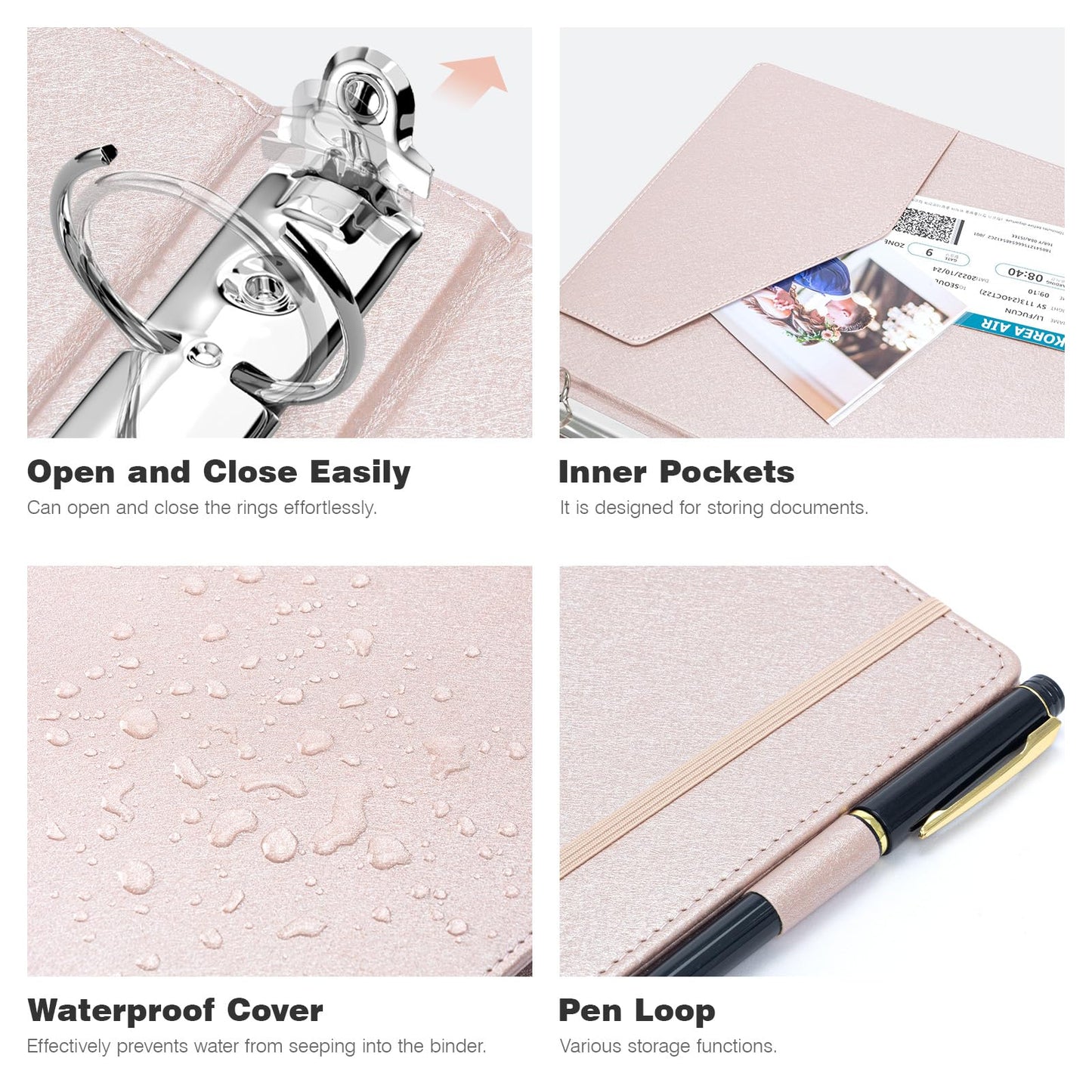 Ospelelf 3 Ring Binder with Clipboard, 1 Inch Leather, Letter Size (8.5" x 11"), Clipboard Binder with 5 Tab Dividers, Rose Gold
