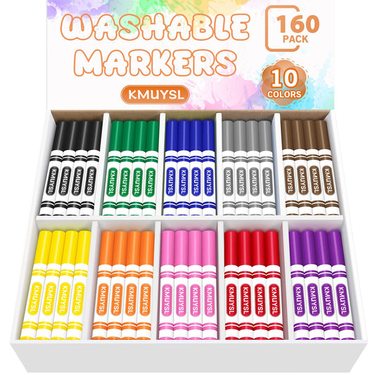 KMUYSL 160 Count Washable Markers Bulk, 10 Assorted Colors - Broad Line Conical Tip Coloring Markers, School Art Supplies & Back to School Essentials, Teacher Classroom Must Haves