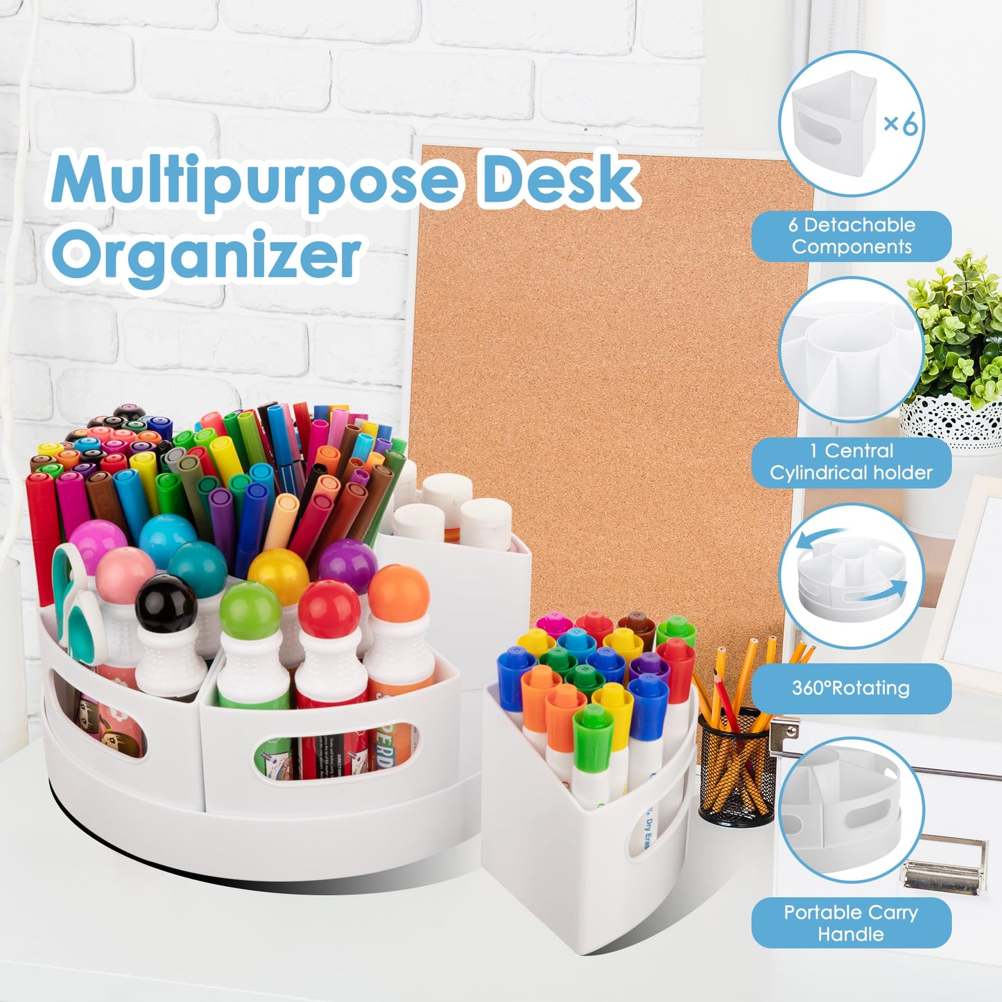CraftGenes Art Supply Organizer, Extra Large 360 Degree Rotating Desk Organizer with 7 Removable Compartments, Marker Organizer and Craft Caddy for Kids, Teachers, Classroom, Home Office, White