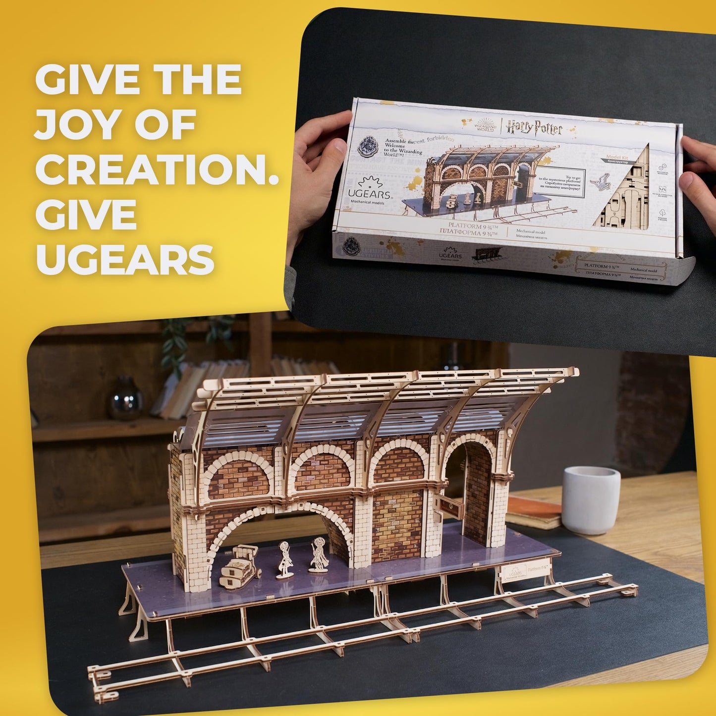 UGEARS Harry Potter Platform 9 ¾ 3D Puzzle - Wooden Model Kits for Adults To Build - Mechanical Wooden Model Kit - Compatible with Ugears Hogwarts Express Train - 3D Wooden Puzzle includes 2 Figurines