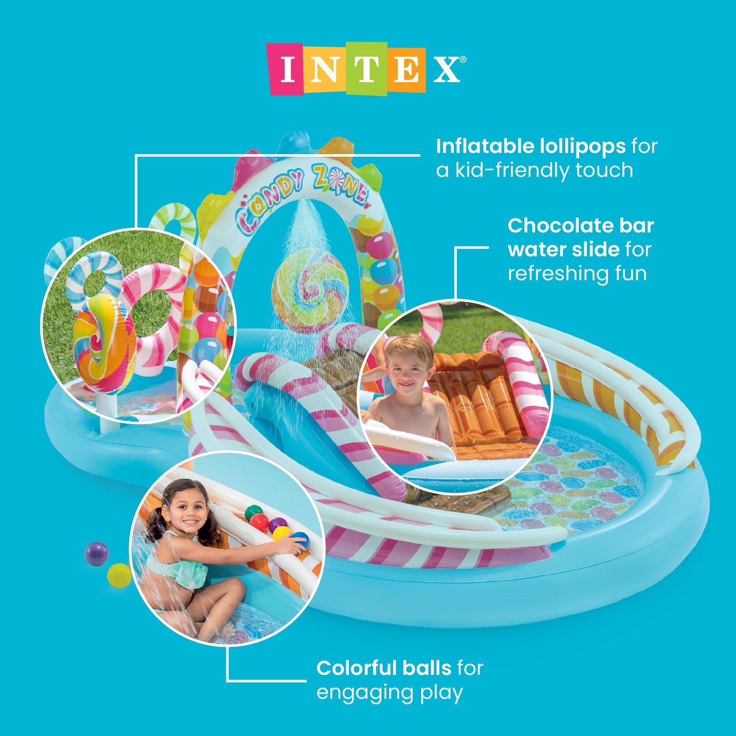 INTEX Candy Zone Inflatable Kiddie Pool: Inflatable Kids Pool with Water Sprayer and Slide – Splash Pad – 116" x 75" x 51" – Ages 3+