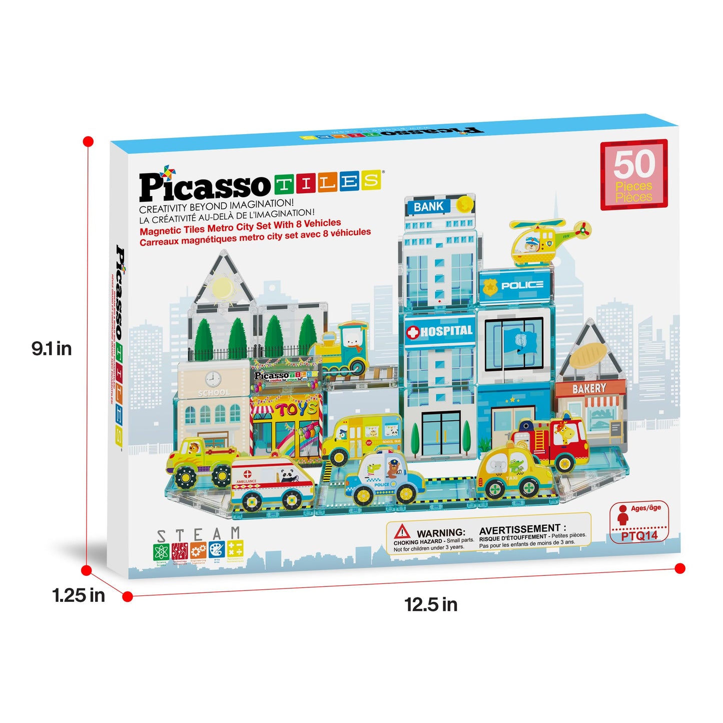 PicassoTiles Metro City Hospital Magnetic Tile Building Set with 8 Vehicles and Figures Educational Magnet Blocks Construction for Kids Age 3 Plus STEM Role Play Town Imagination Learning Toy PTQ14