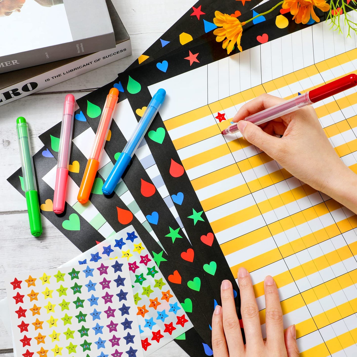 Ctosree 12 Pcs 17"x 22" Incentive Chart Multicolor Laminated Dry Erase Reward Chores Chart with 5 Pcs Reward Sticker(Novelty Style,Black Background)