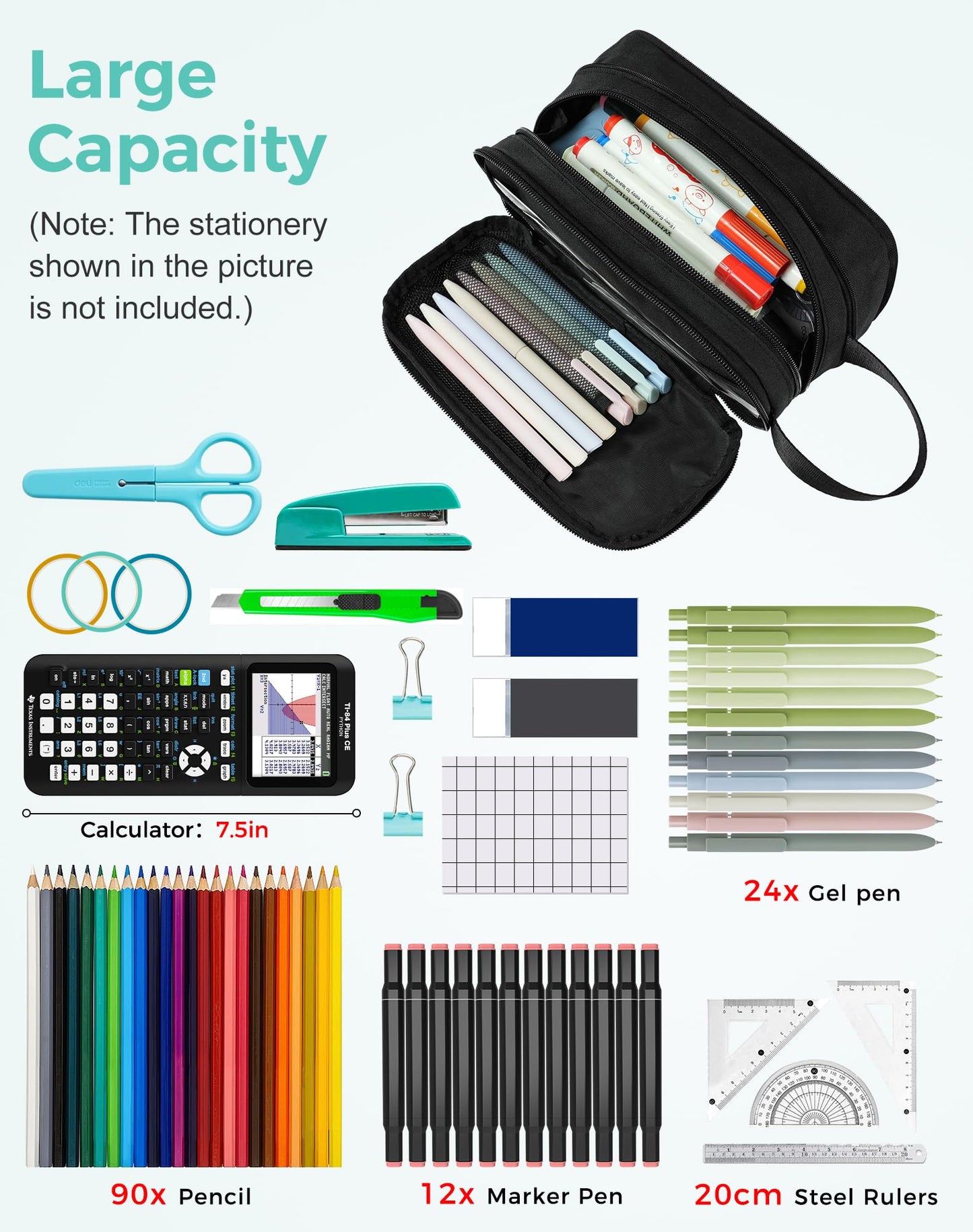 Fmeida Pencil Case Pouch Expandable - Extra Large Pencil Pouch Aesthetic Pencil Bag Office Stationery Organizer with Handle for Men Women Kids Back to School Supplies - Business Black
