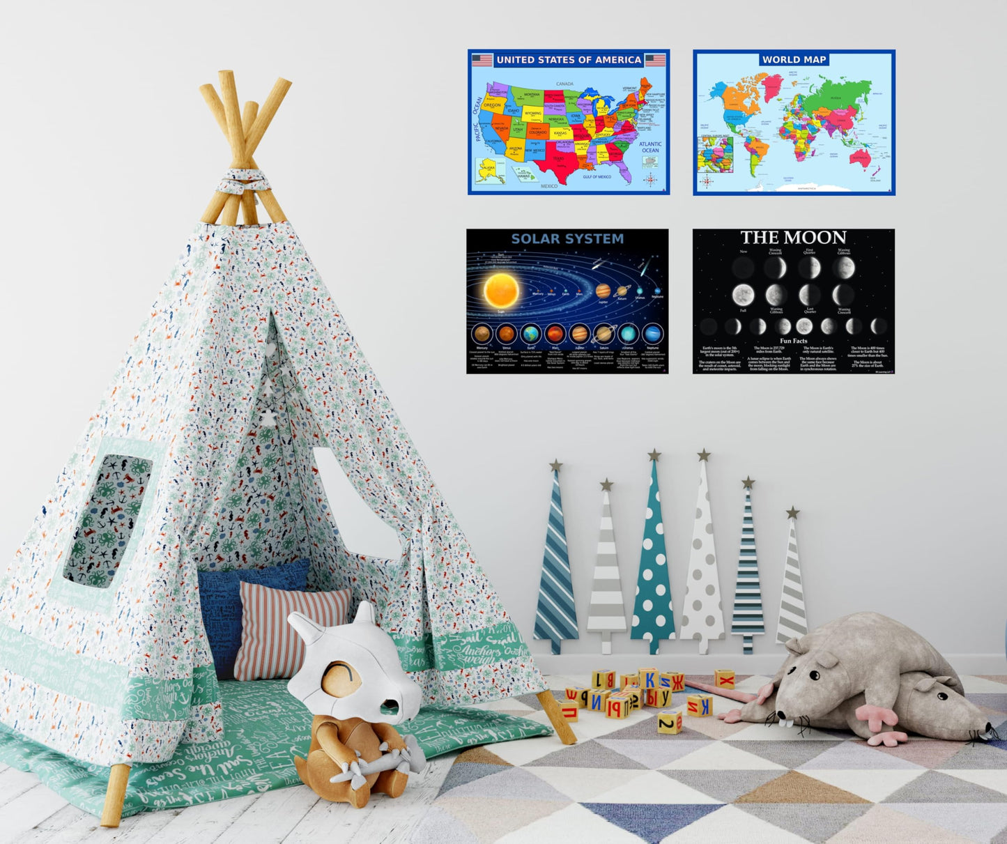 World Map, United States Map, Solar System, and Moon Phases Posters – Laminated 14x19.5 in – Educational Posters, Classroom Decorations, Teachers Supplies, Virtual Learning for Kids, Homeschool Decor