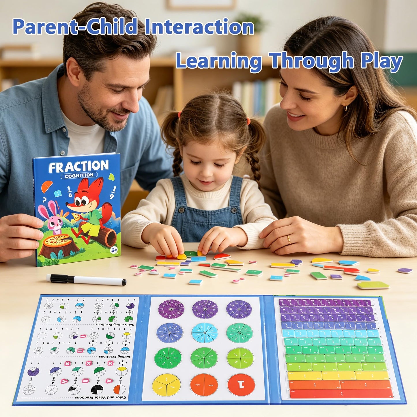 Magnetic Fraction Playbook & Fraction Manipulatives Set, Montessori Magnetic Fraction Book for Kids Grades K-3, Math Manipulatives with Fraction Tiles and Circles, Educational Fraction Games & Puzzle