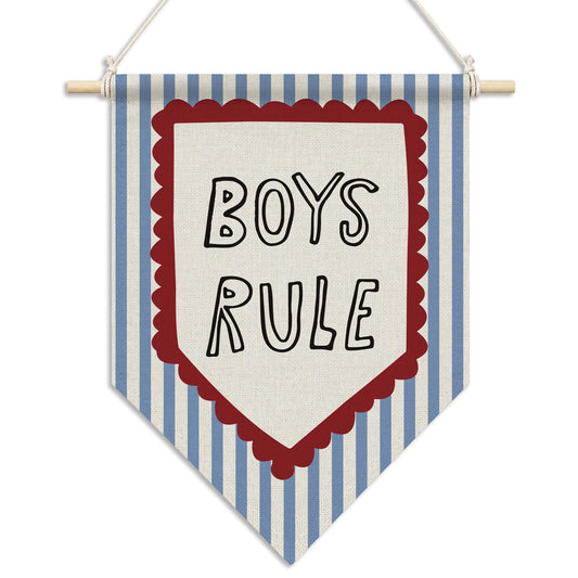 RUKUPA Boy Nursery Wall Art Decor, Kids Playroom Hanging Pennant Flag, Boys Rule Blue Striped Wall Art Poster Hanger for Kids Boy Nursery Toddler Room Bedroom Playroom Decor, 11x15 Inch