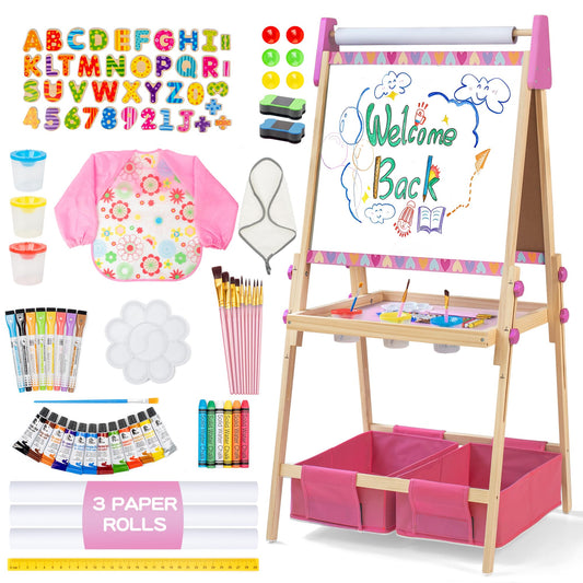 3-in-1 Adjustable Kids Art Easel with Magnetic Whiteboard, Chalkboard & 3 Paper Rolls, All-in-One Double Sided Wooden Painting Easel with Accessories for Toddlers and Kids Ages 3+