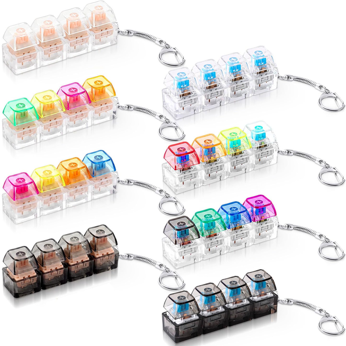 Halloscume 8 Pcs Silent and Click Keyboard Adult Fidget Clicker Toy 4-in-1 Keyboard Fidget Keychain Mechanical Key Button Clicker Stress Relief Gift for Office School Home (Transparent Color)