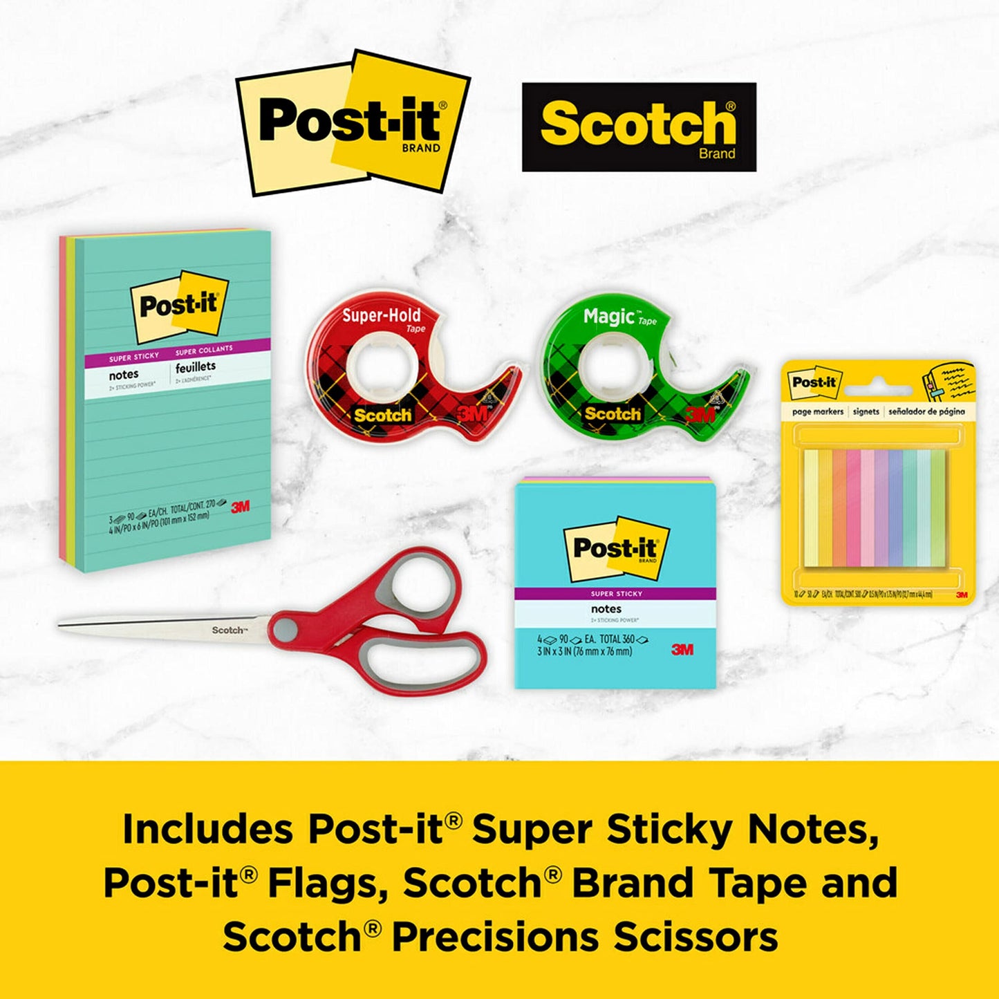 Scotch and Post-it brand office essentials kit, business and teacher supplies set with super sticky notes, super hold tape, magic tape, flags, sharp scissors, multicolor
