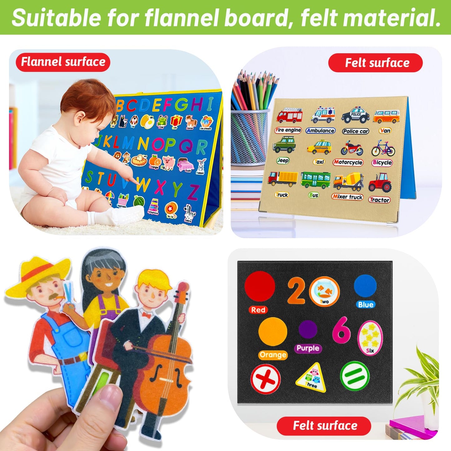 PENGFULL 5 Felt Learning Pieces Set,Alphabet Letters Fruits and Vegetables Numbers Community Helpers Transportation Learning Pieces,for Felt Flannel Board, for Toddlers Kindergarten Preschool