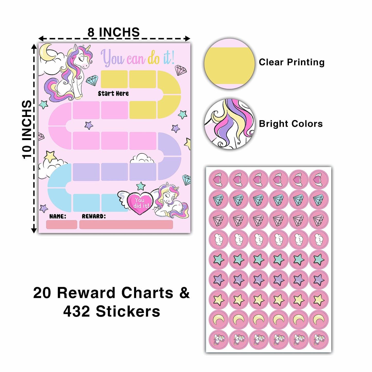 20 Unicorn Reward Chart with 432 Round Stickers, Incentive Behavior Chart for Kids at Home Classroom, Kids Routine Daily Chore Sticker Chart-B21