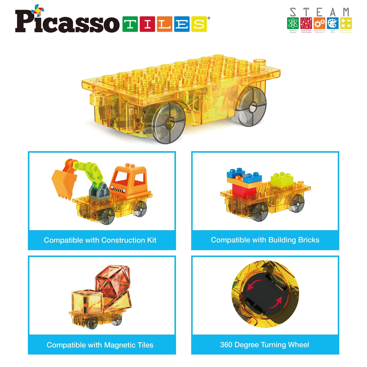 PicassoTiles Magnet Tile Motorized Car Base Self Turning Omnidirectional Truck with Light And Motor Playset Magnetic Tiles Construction Building Blocks Compatible STEM Learning Preschool Ages 3+ PTU05