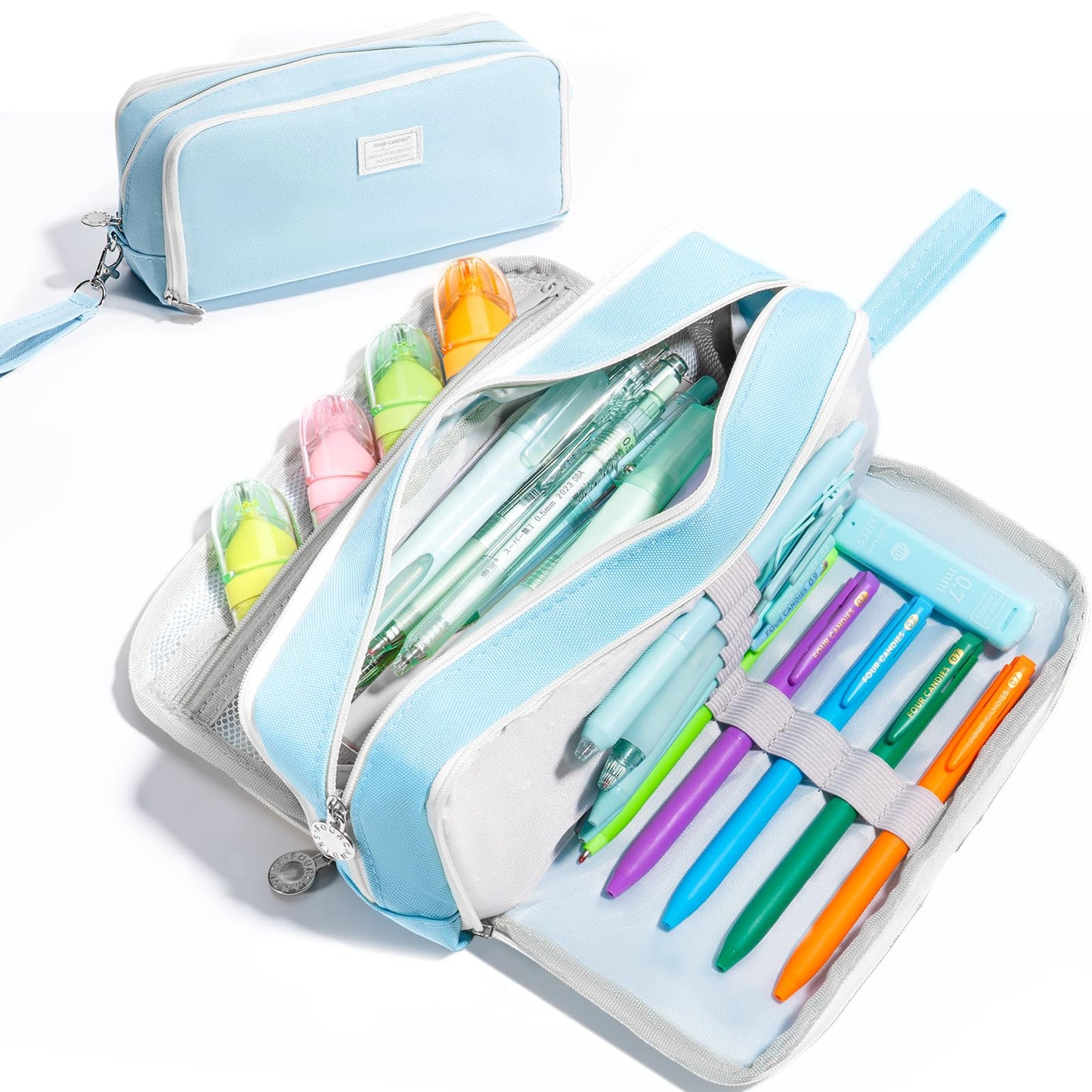 Four Candies Blue Pencil Case 3 Compartment Pouch, Large Pencil Pouch for School, Girls, Teen Boys, Women, Blue, Removable Handle & Zipper, Cute Pencil Bag for Office, College