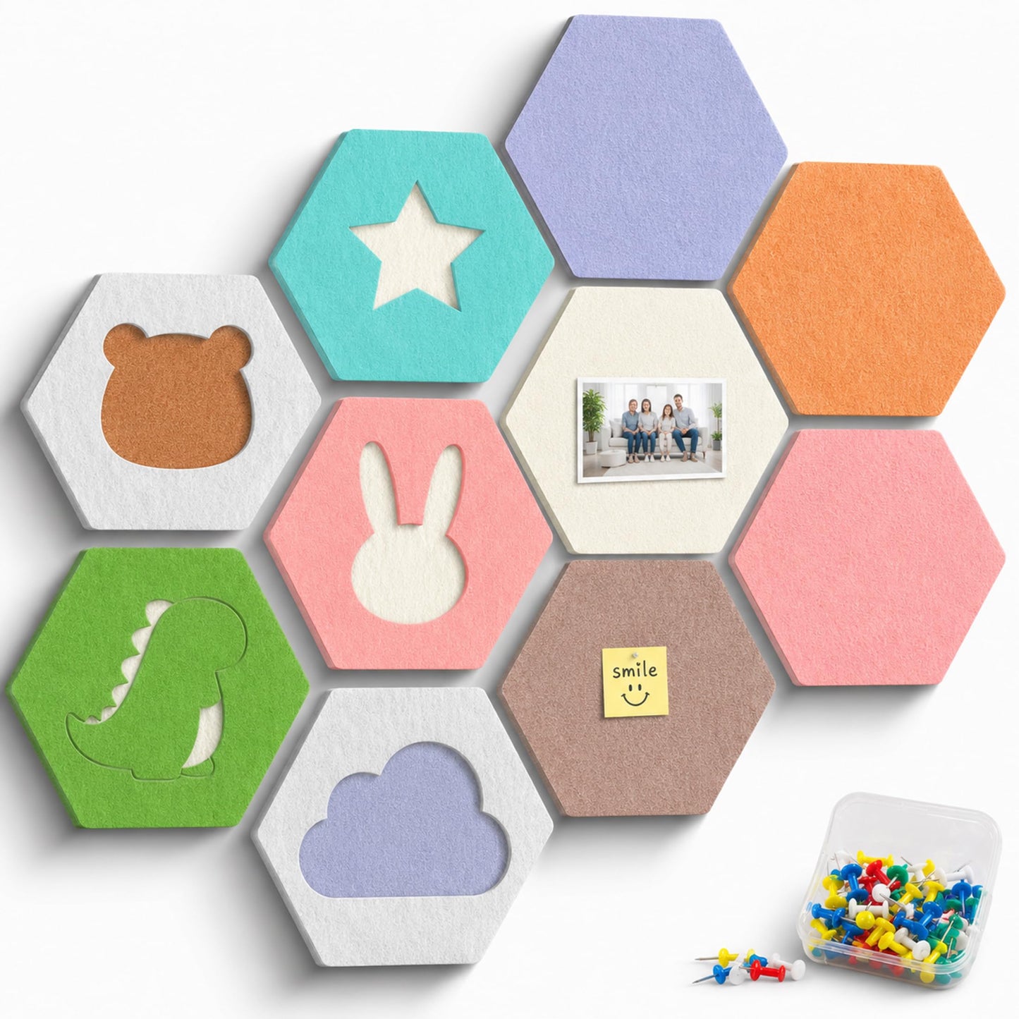 HBK 10 Pack Self Adhesive Felt Bulletin Board Tiles for Wall, 12 Inch Hexagon Pin Board Set with Cute Shapes and Push Pins, Photo Memo Board for Kids Room, Nursery, Classroom, Home Office Decor