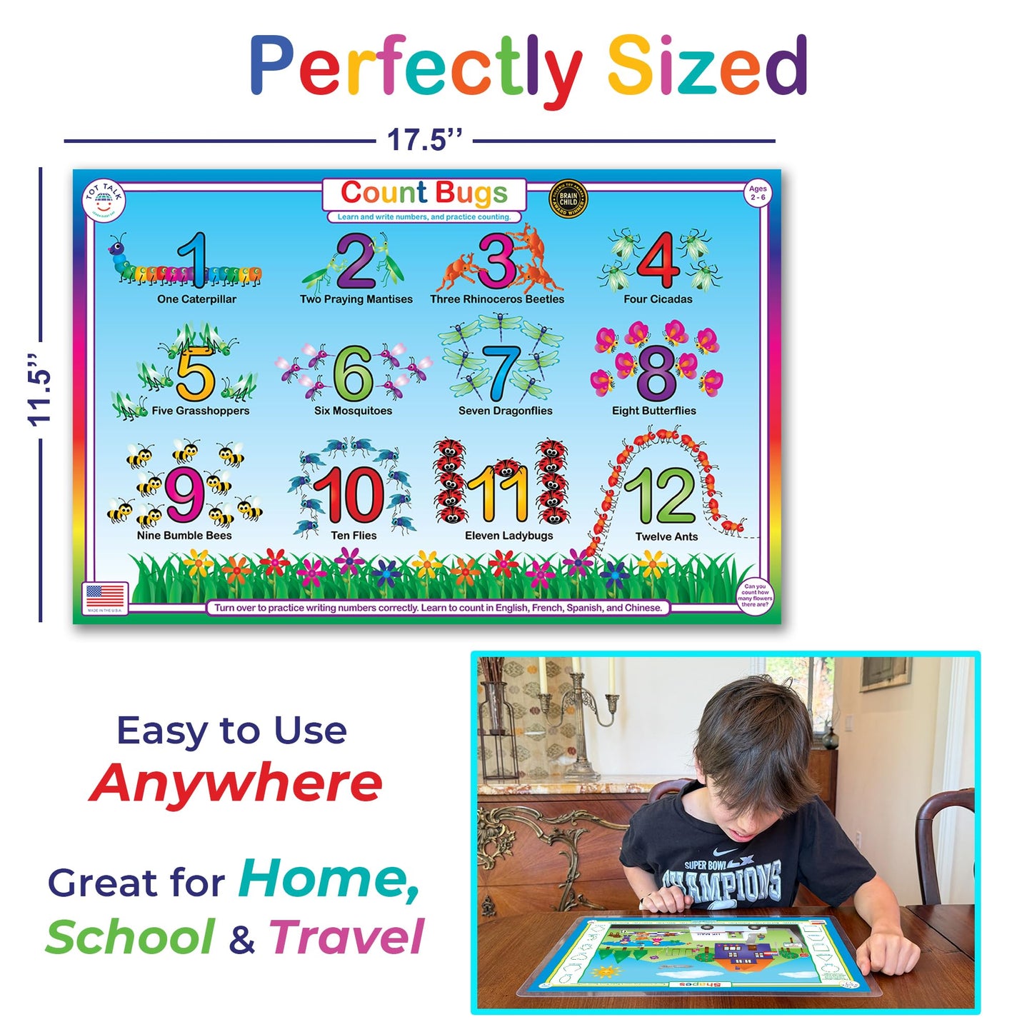 Tot Talk Early Learning Educational Placemat 4-Pack for Kids – Made in USA – Uppercase ABCs Alphabet, Lowercase ABCs, Numbers and Shapes – Durable, Double-Sided, Waterproof, Wipeable Learning Mats