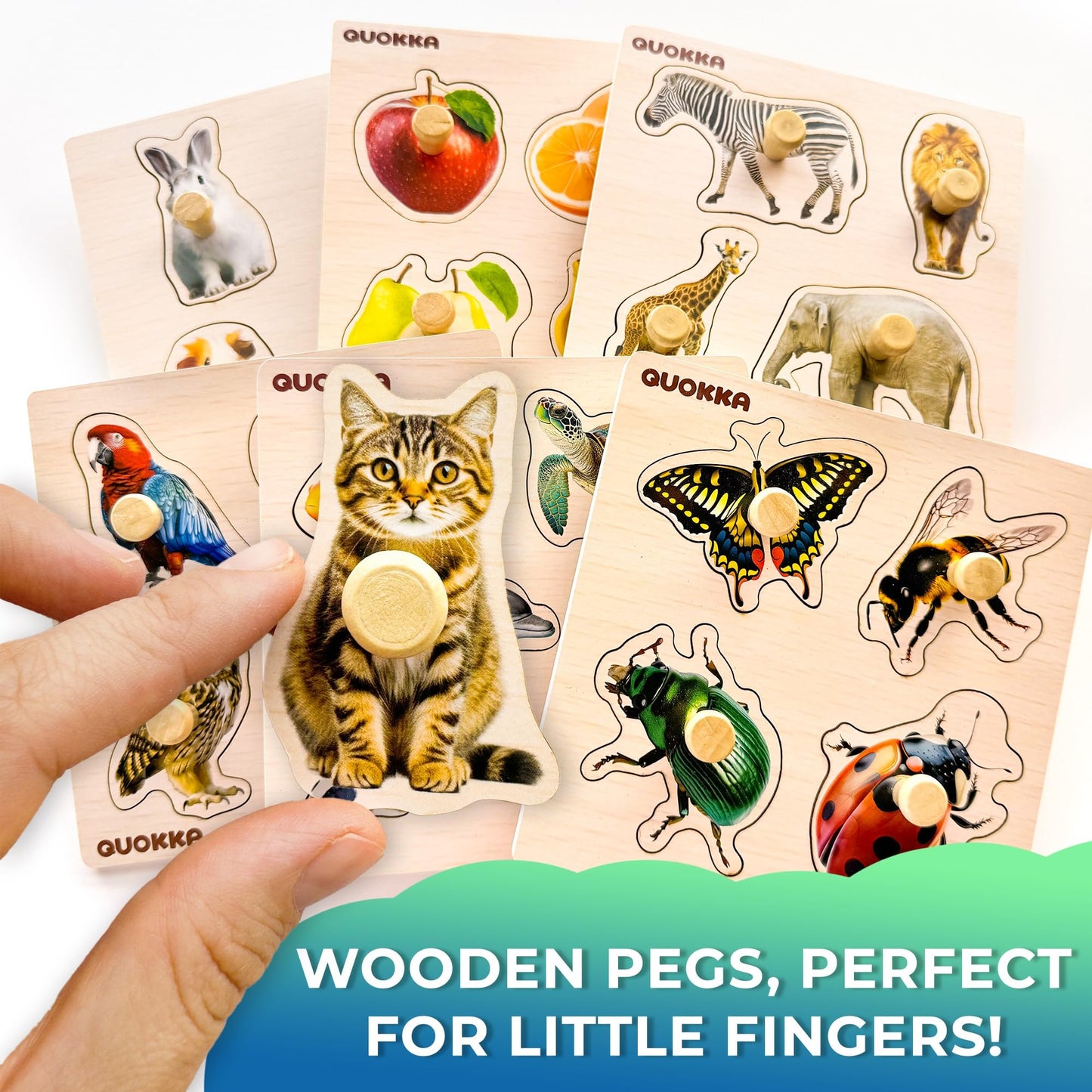 QUOKKA Wooden Puzzles for Toddlers 1-3 – 6 Pegged Puzzles for Kids Ages 2-4 – Animal and Fruits Learning Toy for Kids – Gift Realistic Educational Game for Boy and Girl