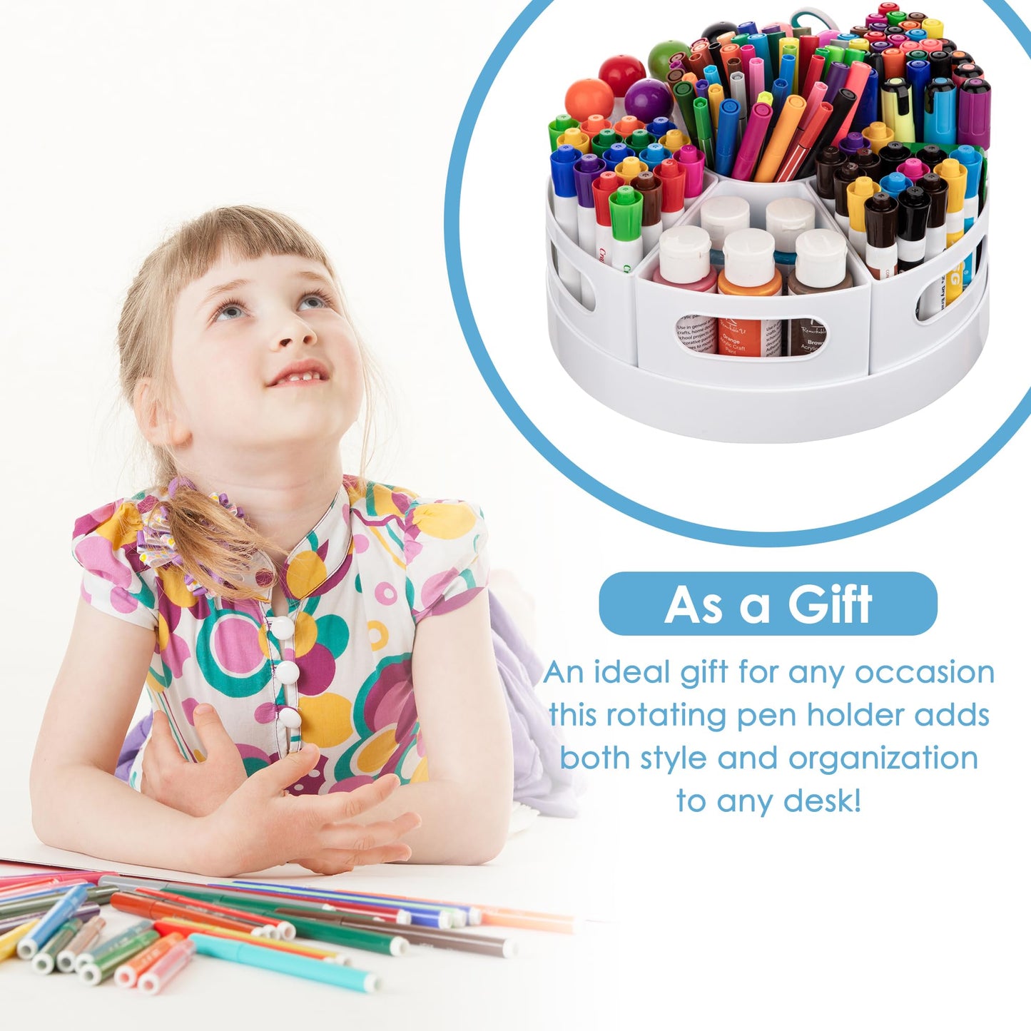 CraftGenes Art Supply Organizer, Extra Large 360 Degree Rotating Desk Organizer with 7 Removable Compartments, Marker Organizer and Craft Caddy for Kids, Teachers, Classroom, Home Office, White