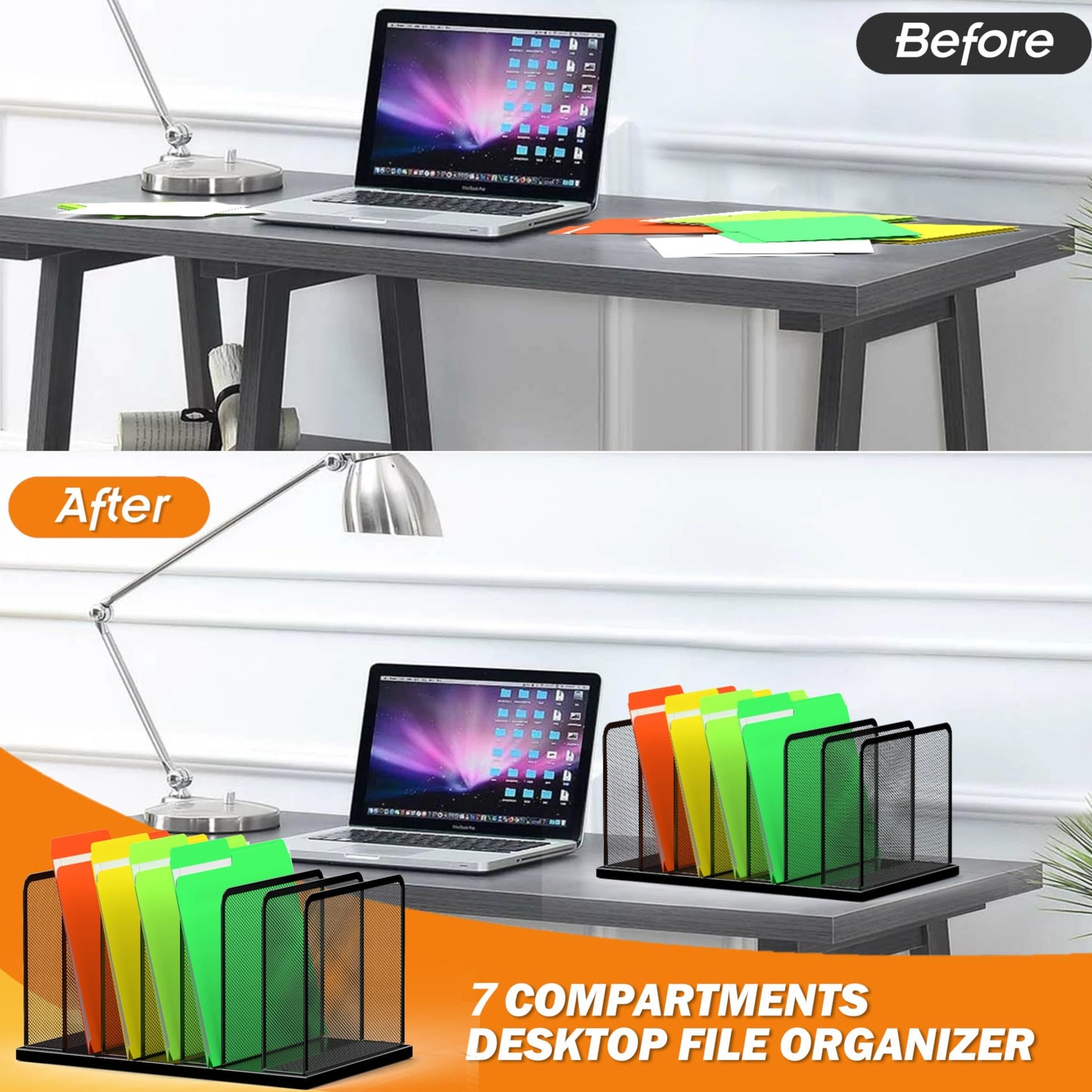 Kuntine.B Desk File Organizer Upright Mesh Desktop Organizer File Sorter Office Organization File Holder for Home, Office & Classroom (Black, 1 Pack 7-Section)