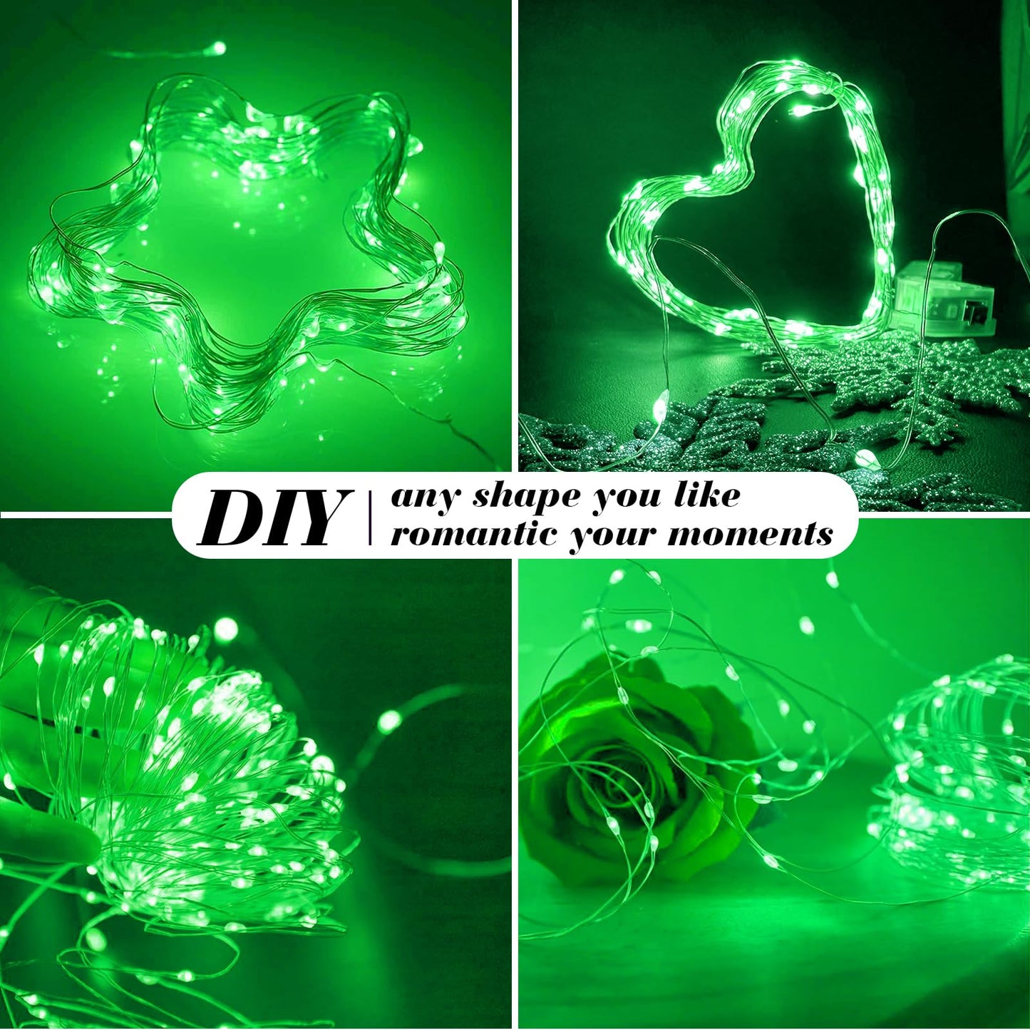 ZGWJ 8 Pack Fairy Lights, 7ft Mini LED String Lights, Battery Operated, Silver Wire, 3 Modes, Green, Model D2-2MXD-8GN
