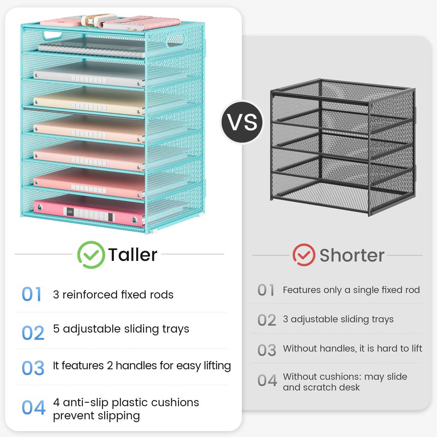 Lavatino 8-Tier Office Desk File Organizer, Letter Tray Paper Organizer with Handle, Including 5 Adjustable Slide Trays for Organizing Desktop Workspace Accessories and Supplies (Blue Metal Mesh)