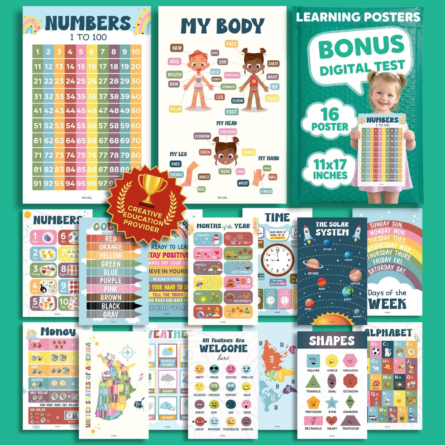 EXCOOL CLUB 16 Laminated Boho Educational Posters For Toddlers - Toddler Learning Posters For Kids, Homeschool Kindergarten Classroom Must Haves, Abc Number Chart Prek Classroom Decor