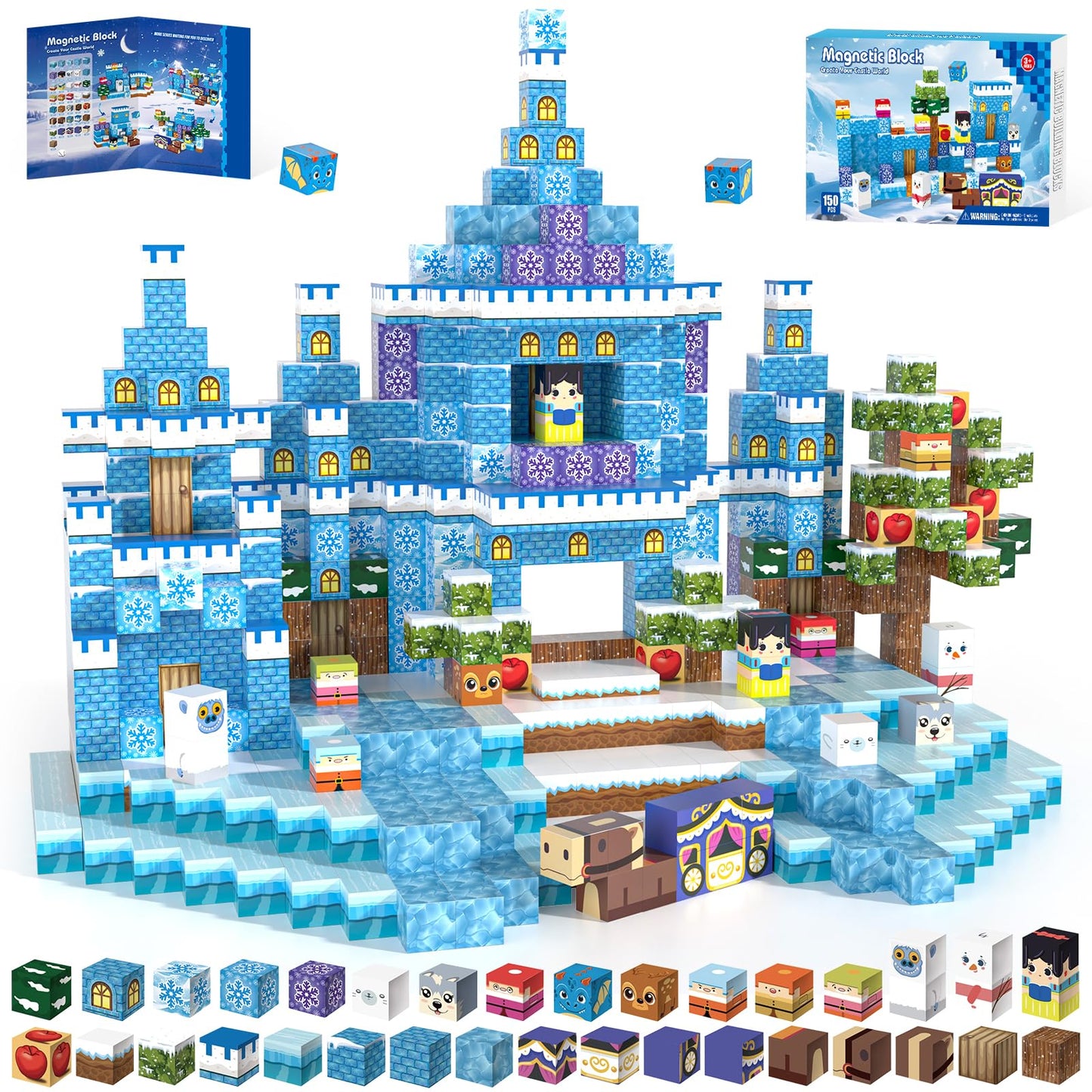 Gryxpox 150pcs Magnetic Blocks, Magnetic Blocks for Kids Ages 4-8, Magnetic Cubes Sets for Ice Castle Worlds Build, Stacking Magnets for Kids, Birthday Gifts for Boys and Girls Age 3+ Years Old