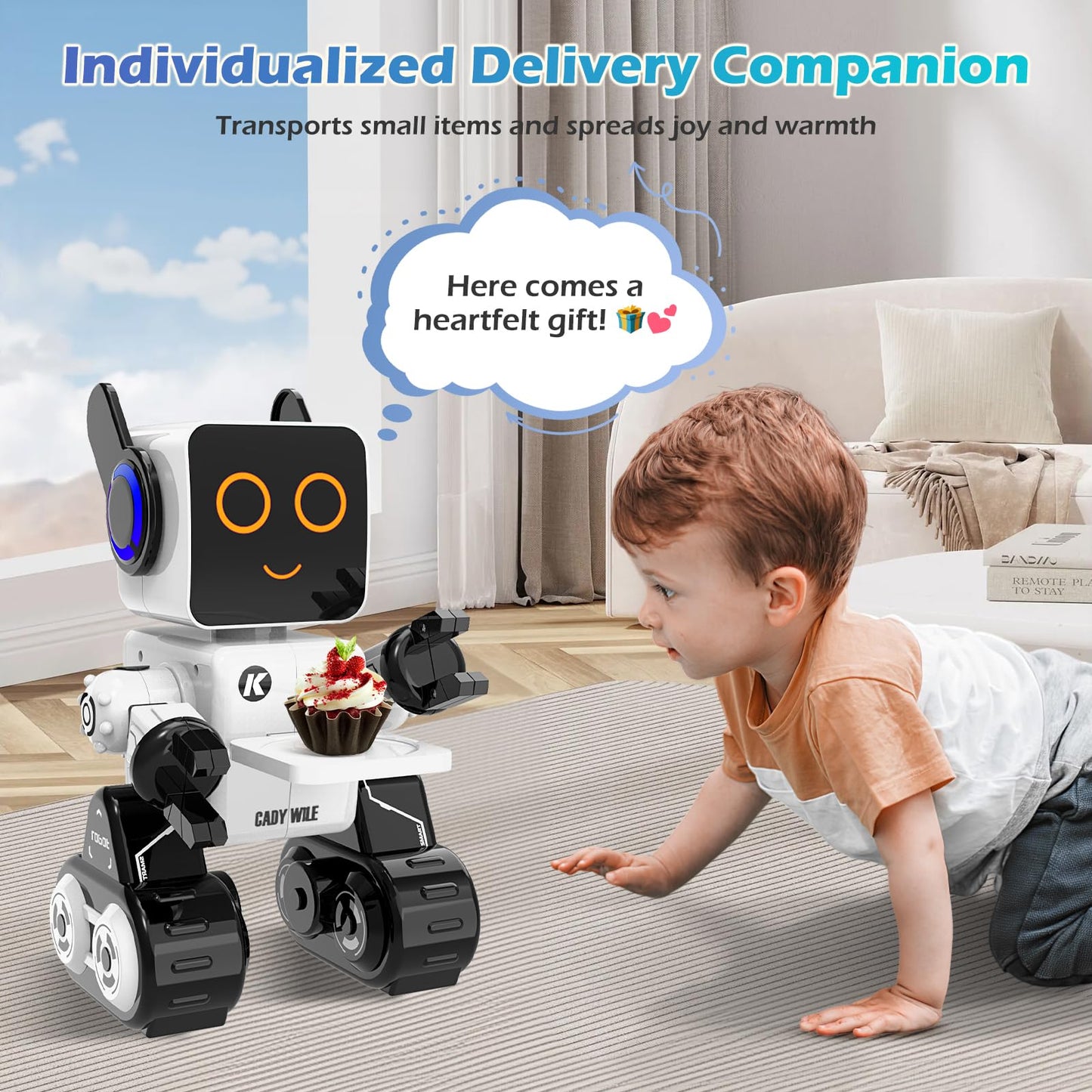 HBUDS Rechargeable RC Robot Toy for Kids - Interactive Intelligent LED Light, Speaks, Dances, Built-in Coin Bank (White)