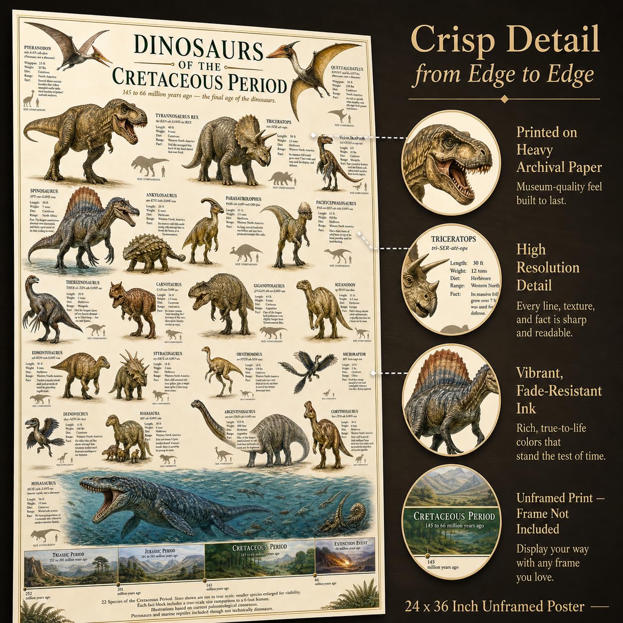 Dinosaurs of the Cretaceous Period Poster 24x36 Unframed Print Educational Dinosaur Chart Wall Art Prehistoric Animal Timeline Paleontology Classroom Decor Science Museum Artwork