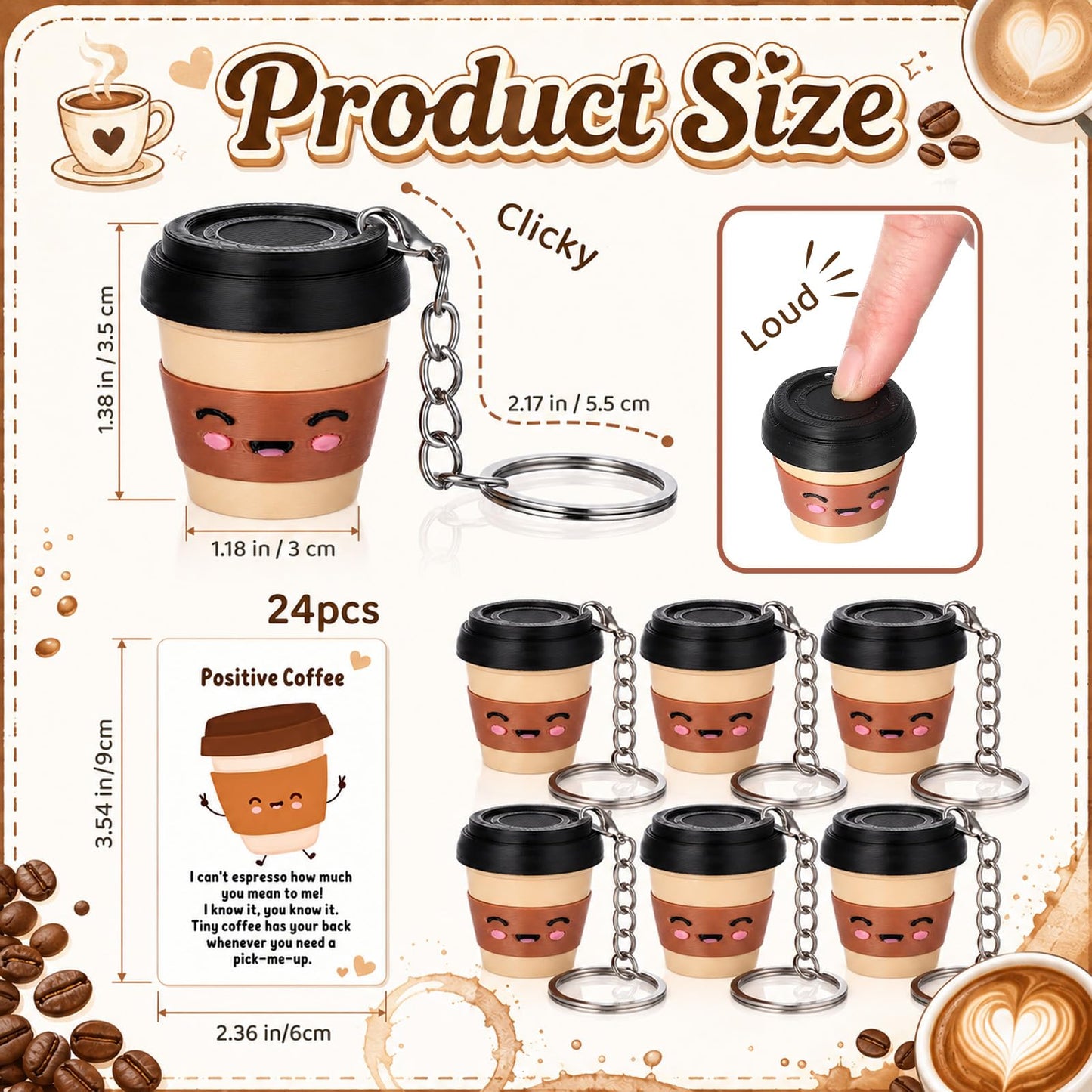 Junkin 24 Set Coffee Cup 3D Printed Clicker Fidget with Cards- Stress Relief Key Rings Luggage Backpack Charm Coffee Lover Gifts for Women, Coworkers, Office, Graduation Party Favors