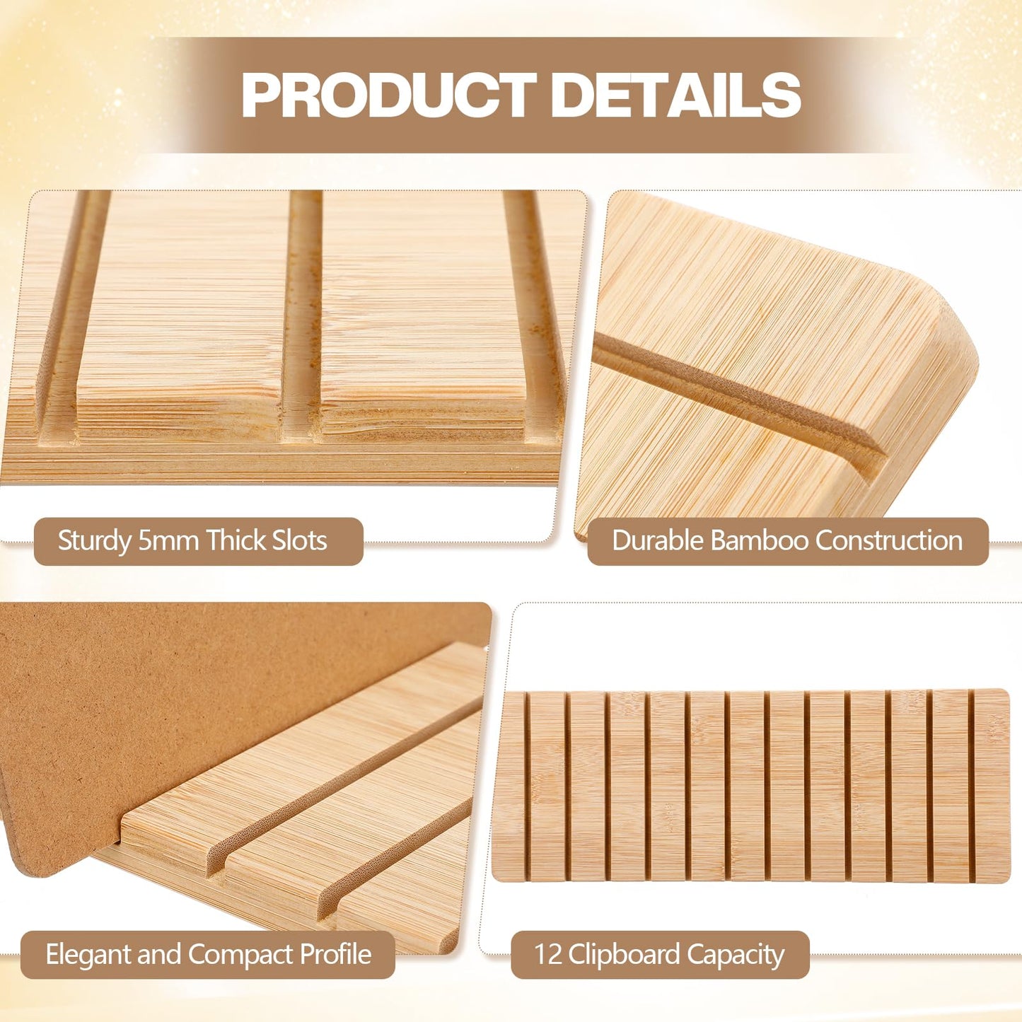 Chunful Bamboo Clipboard Holder 12 Slots Clipboard Organizer 5.9 x 15.7'' Storage Rack Document Typing Paper Stand Menu Display Receipt Holder for Classroom Office School Teacher No Assembly Required