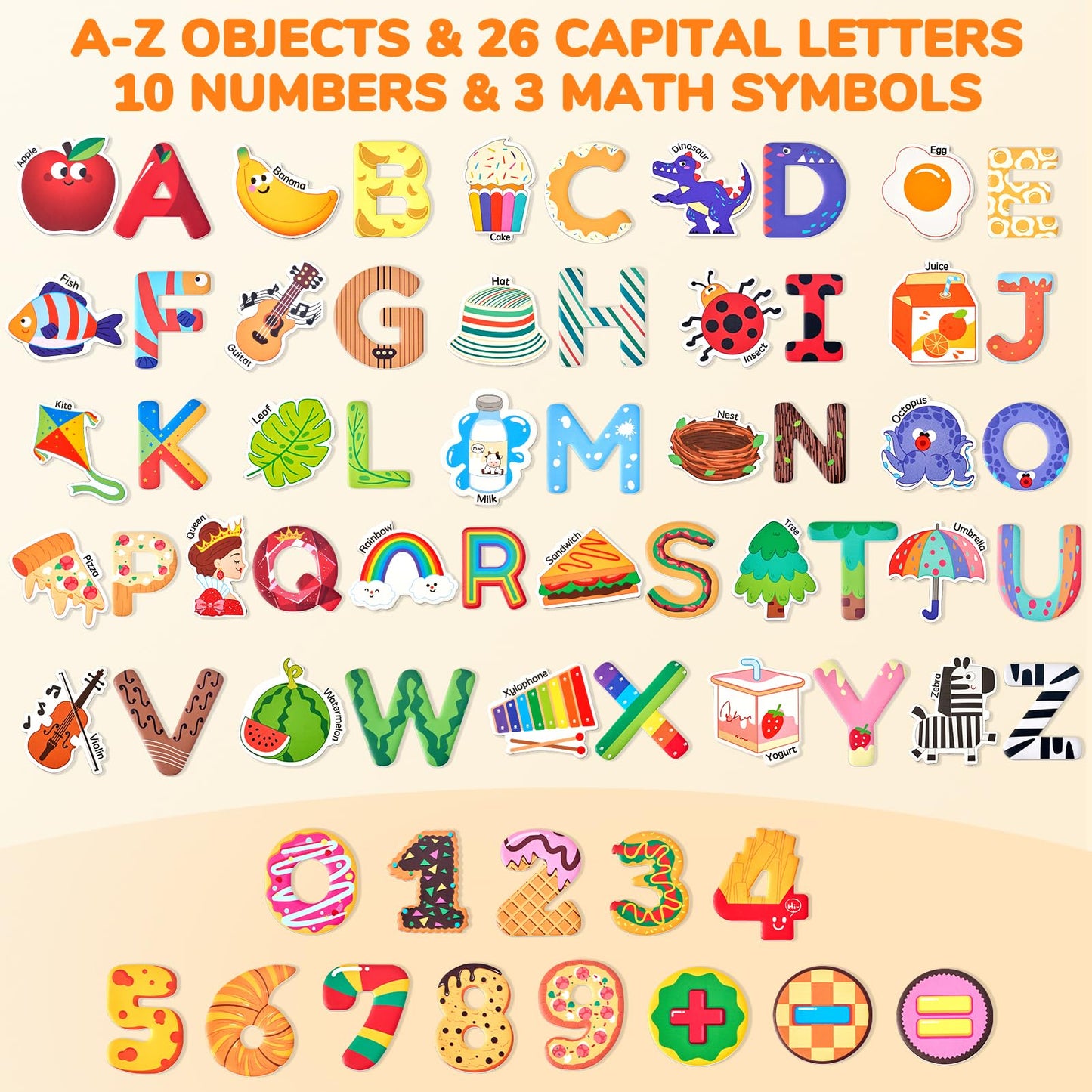 JoyCat Kids Magnets – 26 Cute Objects, Alphabet Uppercase Letters, and 0-9 Numbers, Math Fridge Magnets for Toddlers, Fun Educational Spelling Learning Gift for Toddlers & Kids
