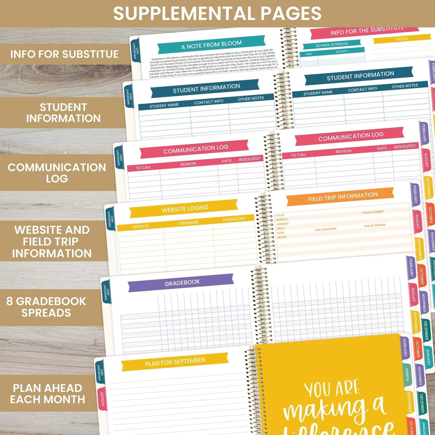 bloom daily planners Undated Academic Year Teacher Planner & Calendar - 7 Period Lesson Plan Organizer Book with Frosted Cover (9" x 11") (Interchangeable Cover) - Bold & Bright